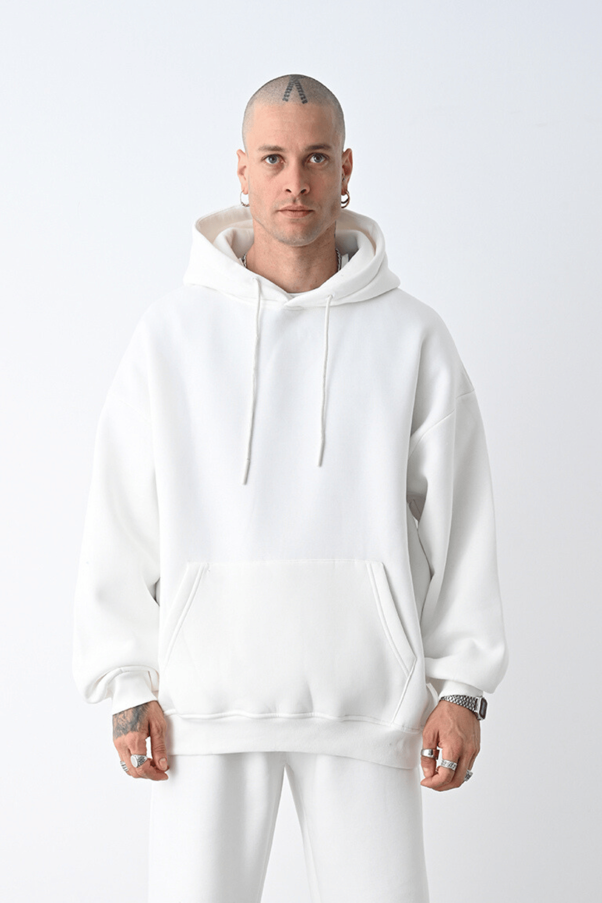 3 İplik Beyaz bol kalıp Kapuşonlu sweatshirt