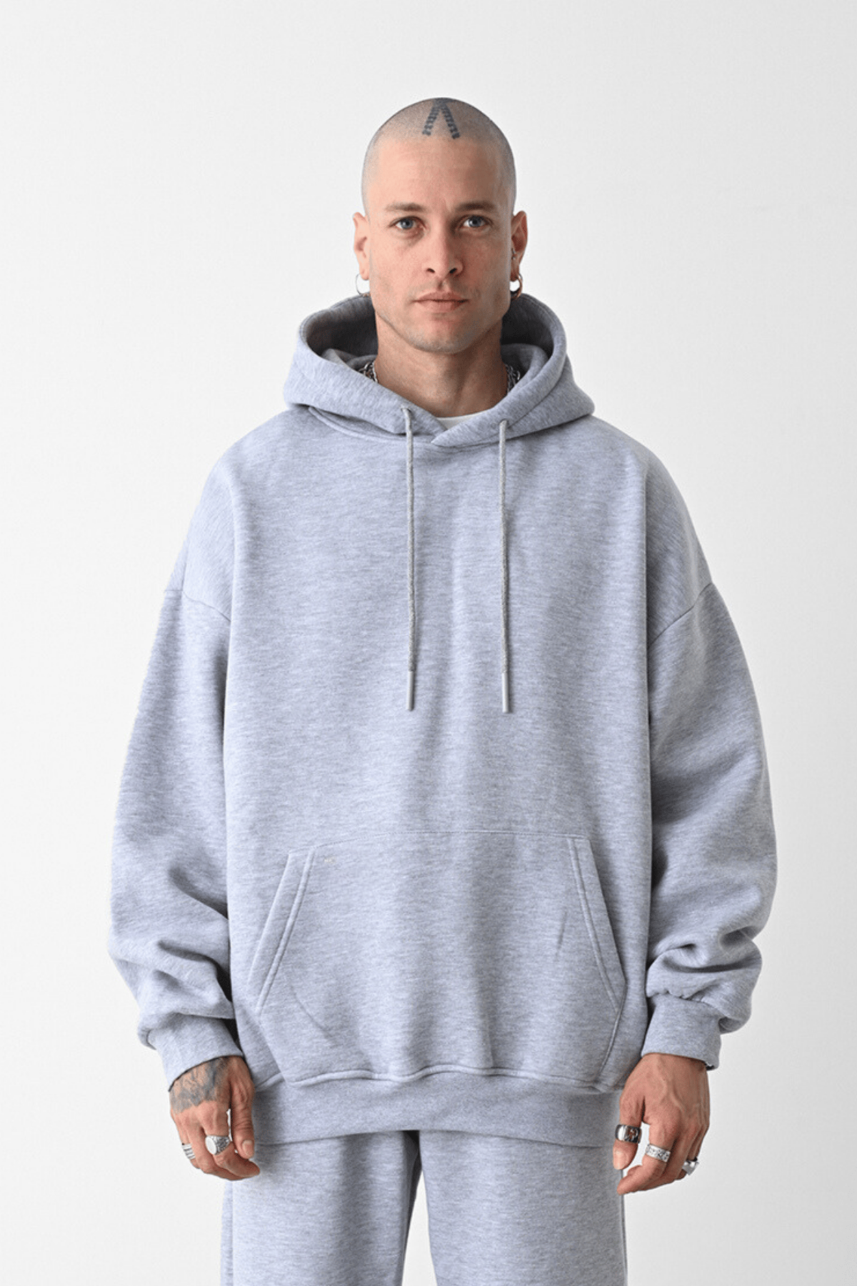 3 İplik Gri bol kalıp Kapuşonlu sweatshirt