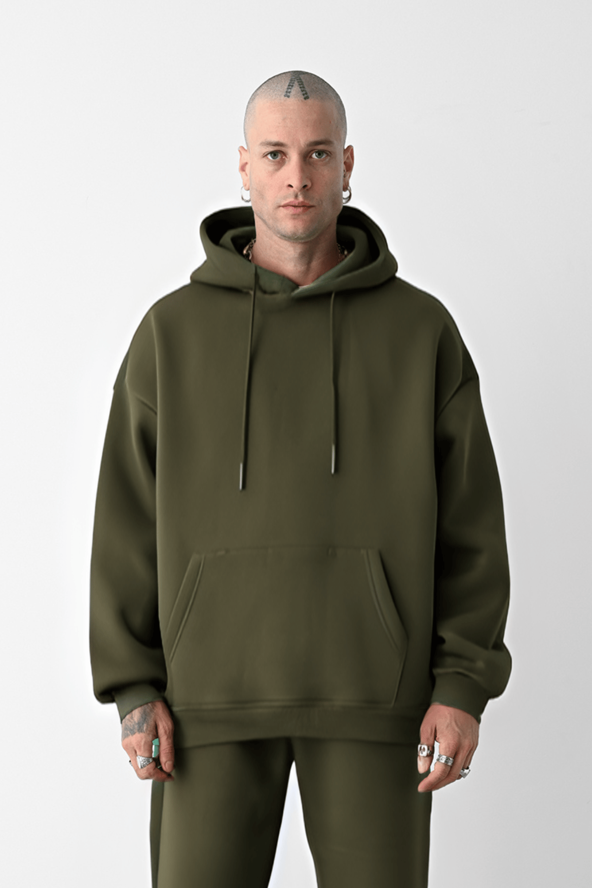 3 İplik Haki bol kalıp Kapuşonlu sweatshirt