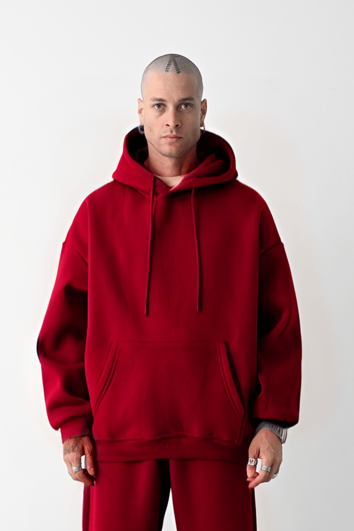 3 İplik Kırmızı bol kalıp Kapuşonlu sweatshirt