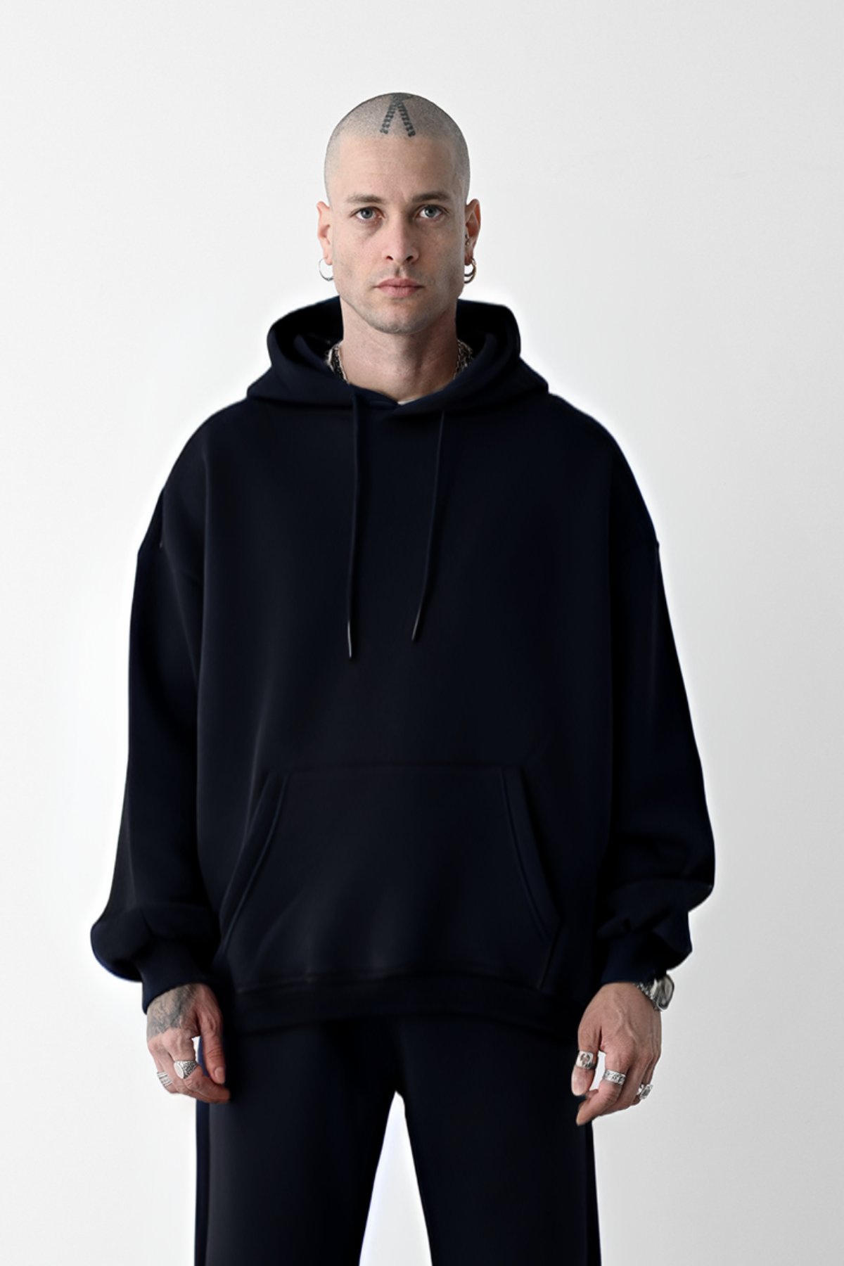 3 İplik Siyah bol kalıp Kapuşonlu sweatshirt