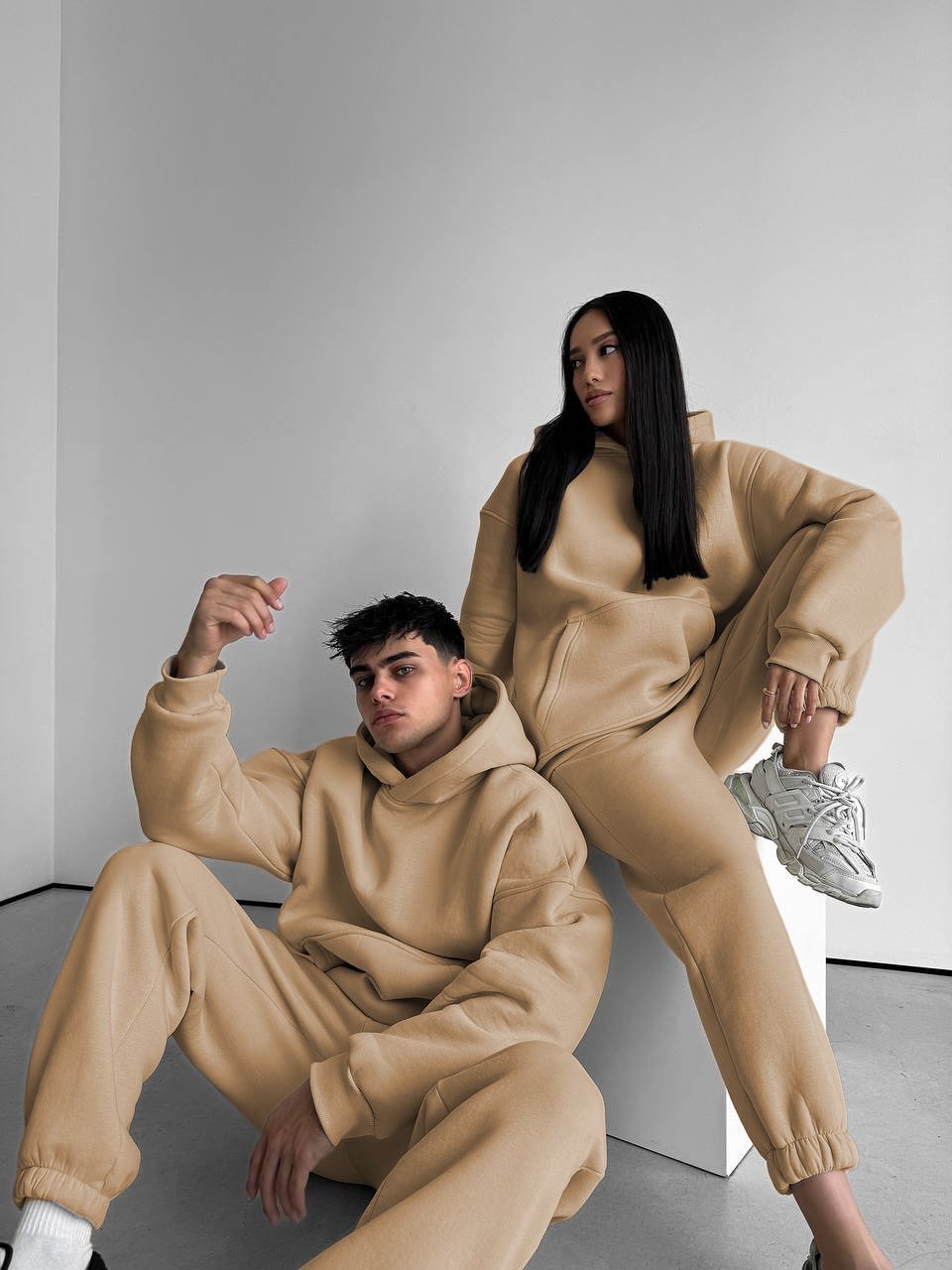 Bej Çift(Tekli) Kapşonlu Şardonlu 3 İplik Beli Lastikli Jogger Eşofman Takımı