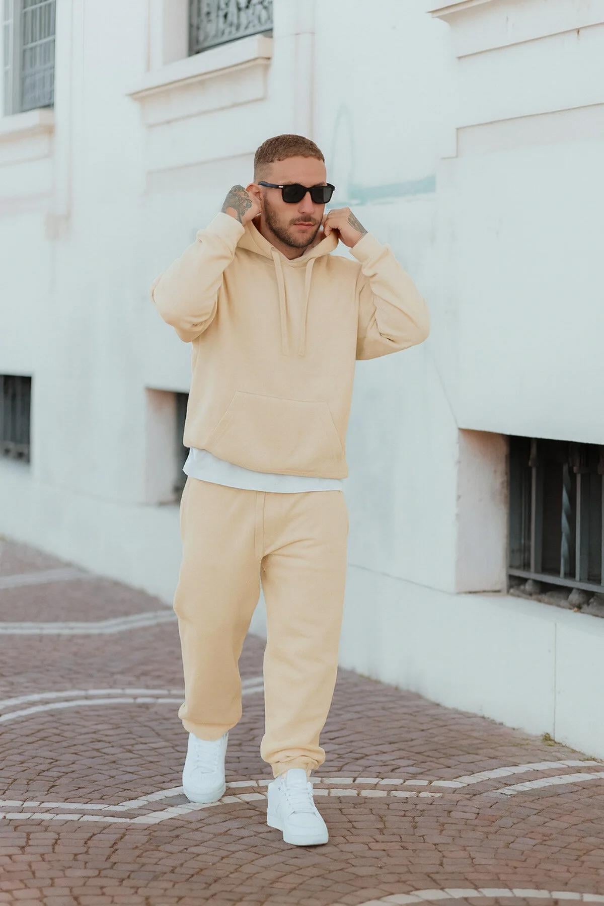 Bej Erkek Beli Lastikli Kapşonlu Şardonlu Baggy Eşofman Takım