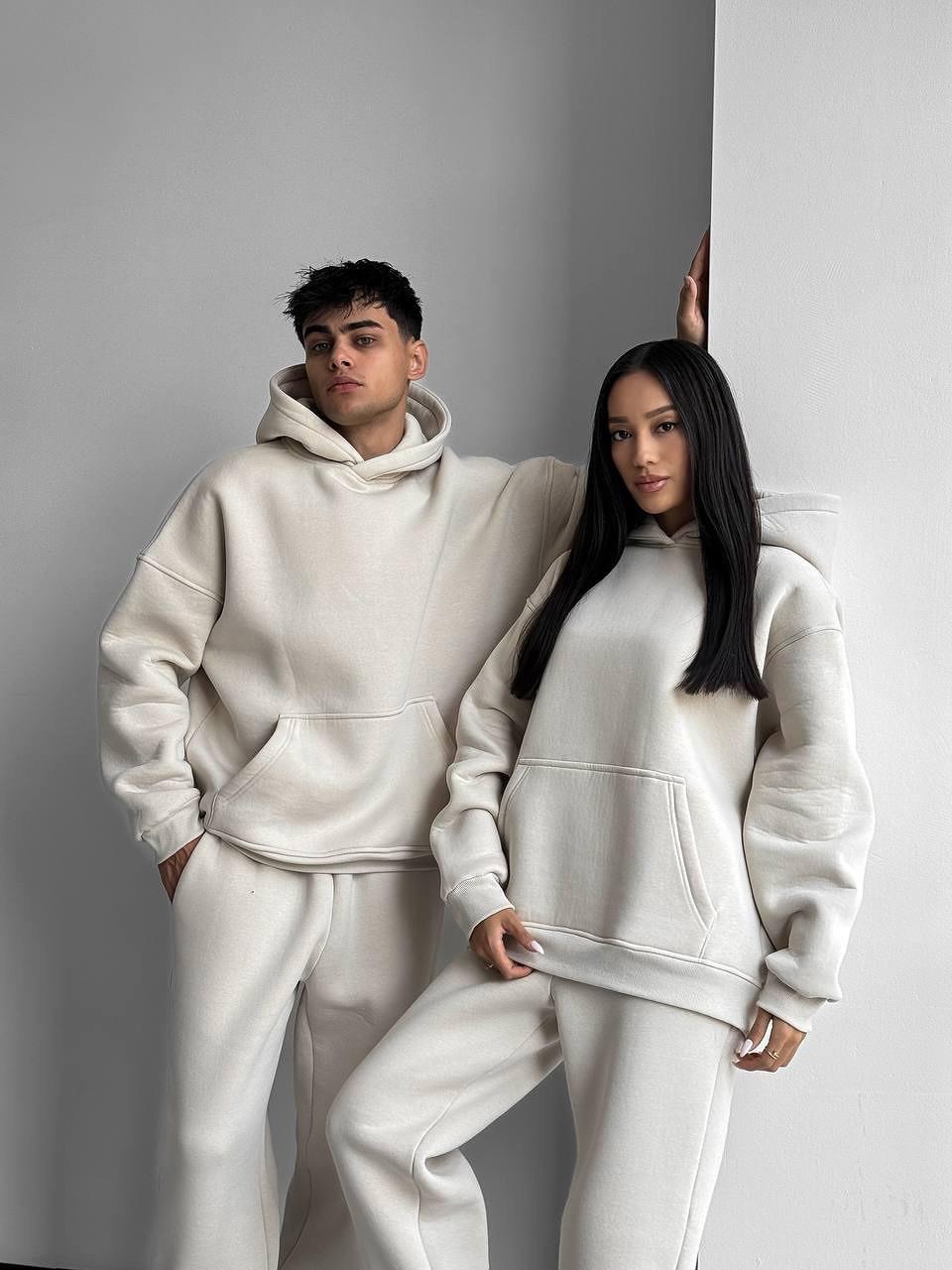 Beyaz Çift(Tekli) Kapşonlu Şardonlu 3 İplik Beli Lastikli Jogger Eşofman Takımı