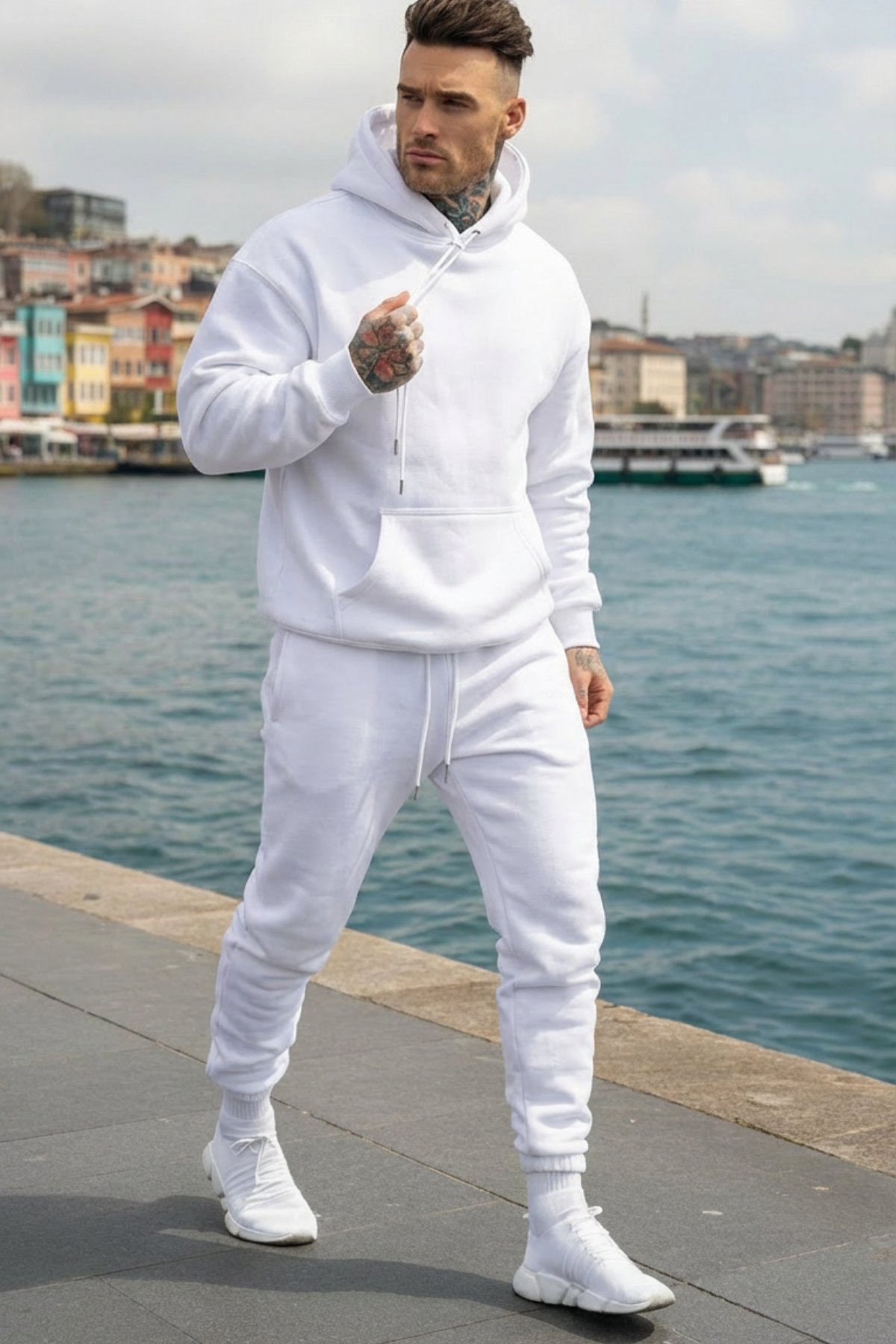 Erkek Oversize Kapşonlu Polarlı Beyaz Eşofman Takımı 