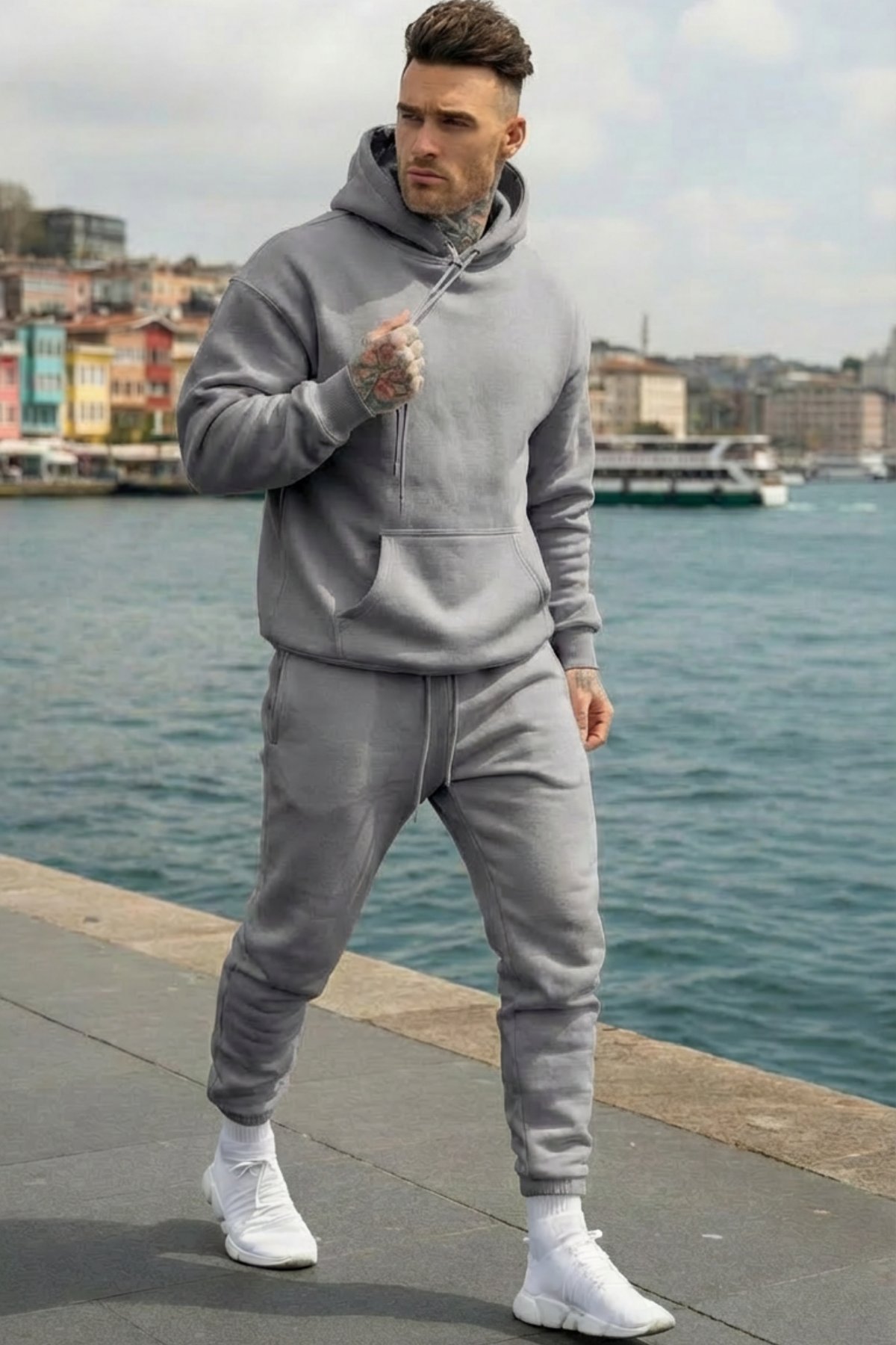 Erkek Oversize Kapşonlu Polarlı Gri Eşofman Takımı 