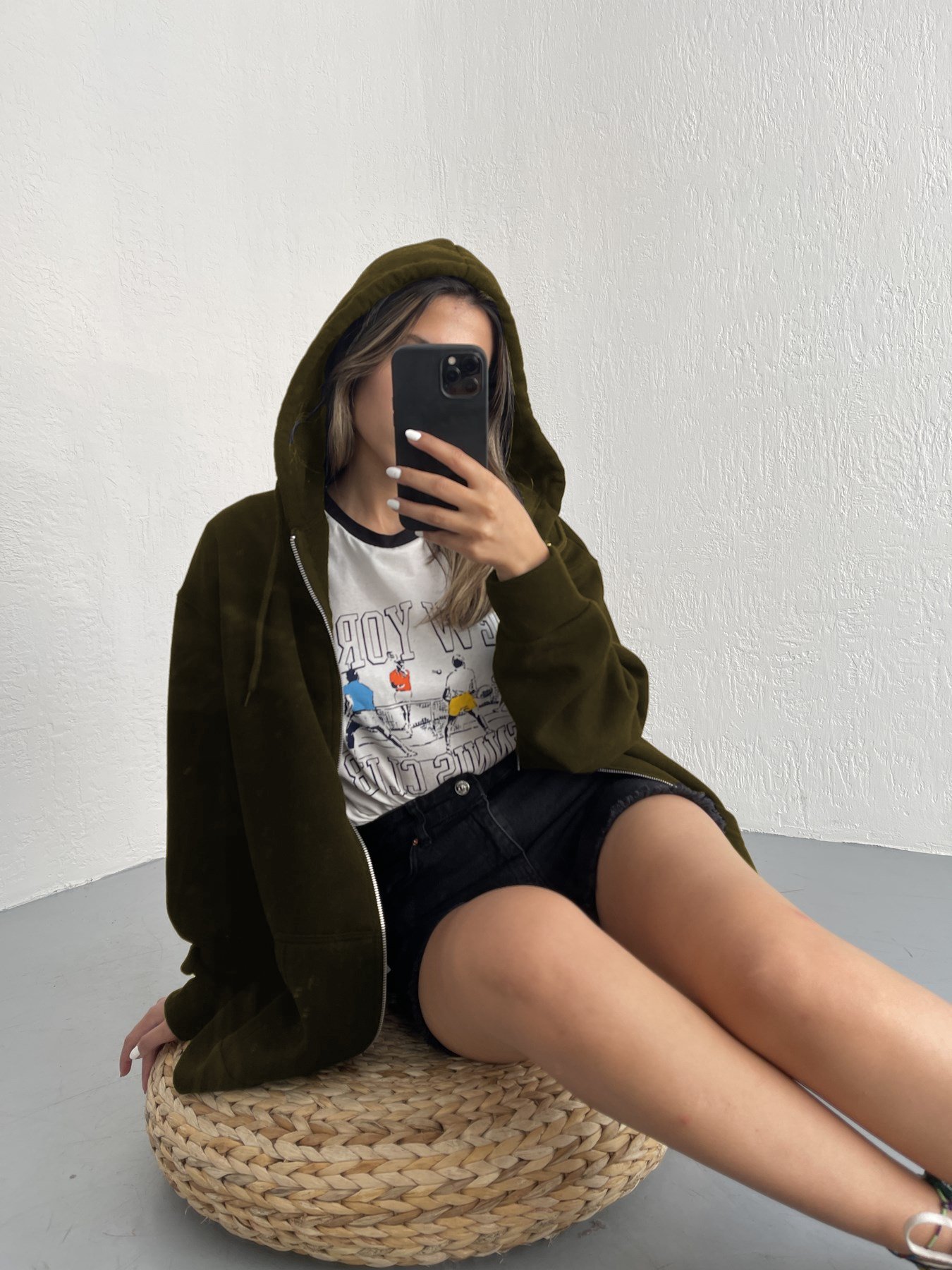 Haki 3 iplik Rahat Kalıp Kapuşonlu Sweatshirt