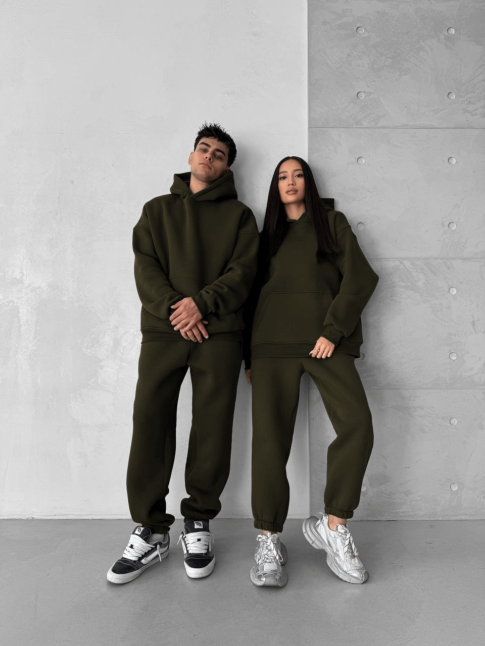 Haki Çift(Tekli) Kapşonlu Şardonlu 3 İplik Beli Lastikli Jogger Eşofman Takımı