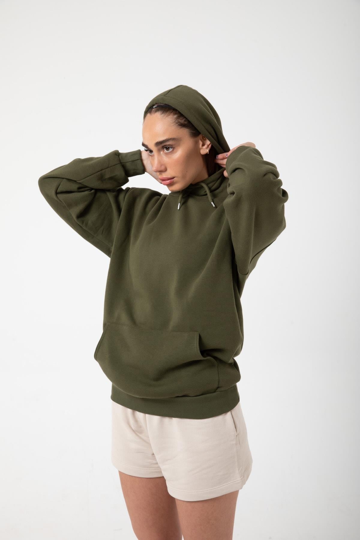 Haki Unisex Rahat Kalıp Kapuşonlu Hoodie