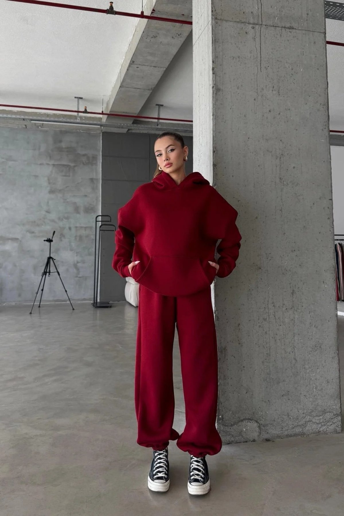 Kadın Yüksek Bel Oversize Rahat Kesim Polarlı Bordo Eşofman Takımı
