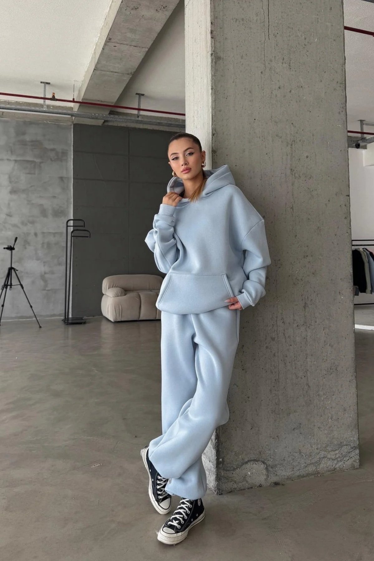 Kadın Yüksek Bel Oversize Rahat Kesim Polarlı Bebe Mavisi Eşofman Takımı