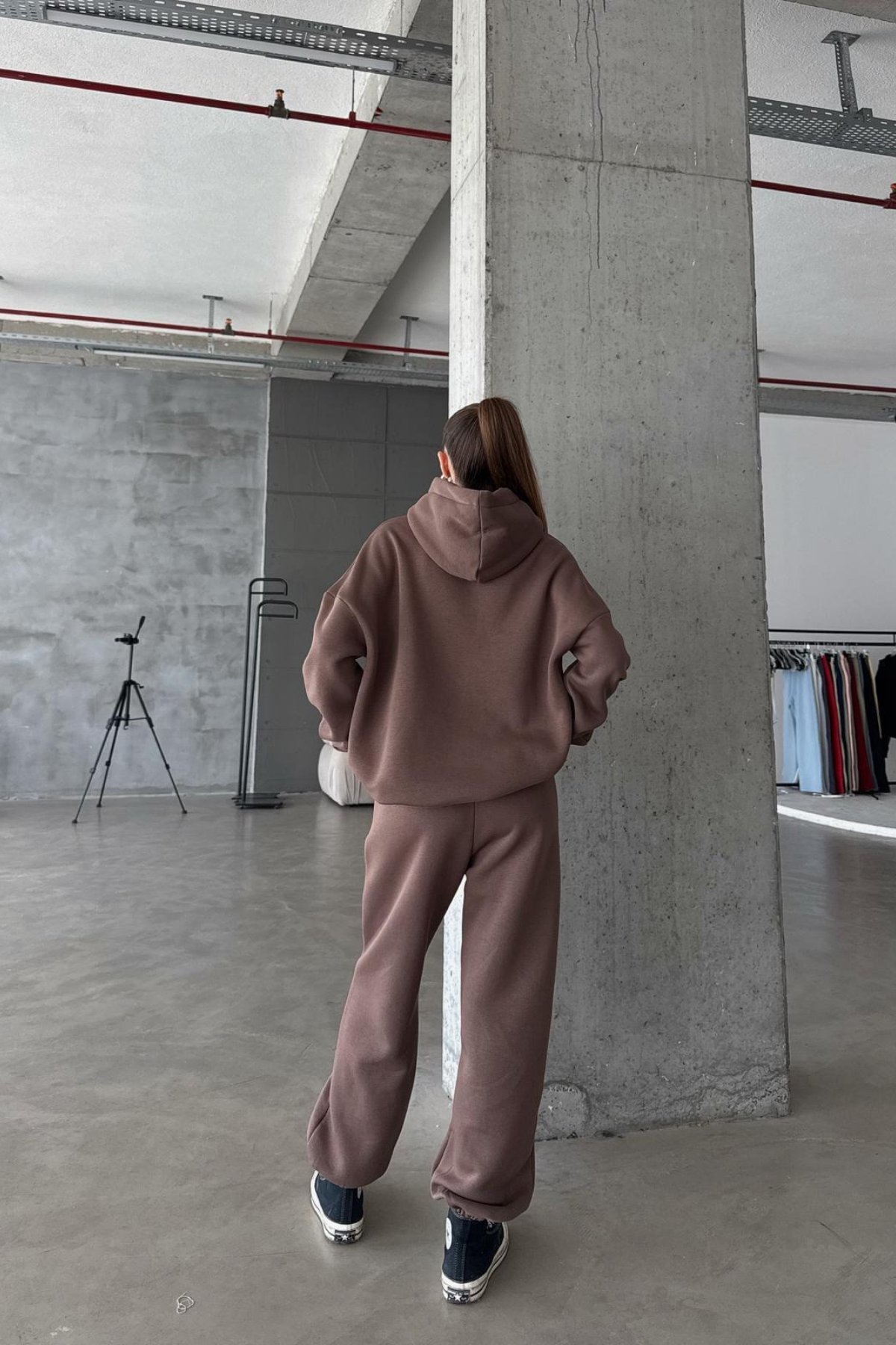 Kadın Yüksek Bel Oversize Rahat Kesim Polarlı Kahverengi Eşofman Takımı