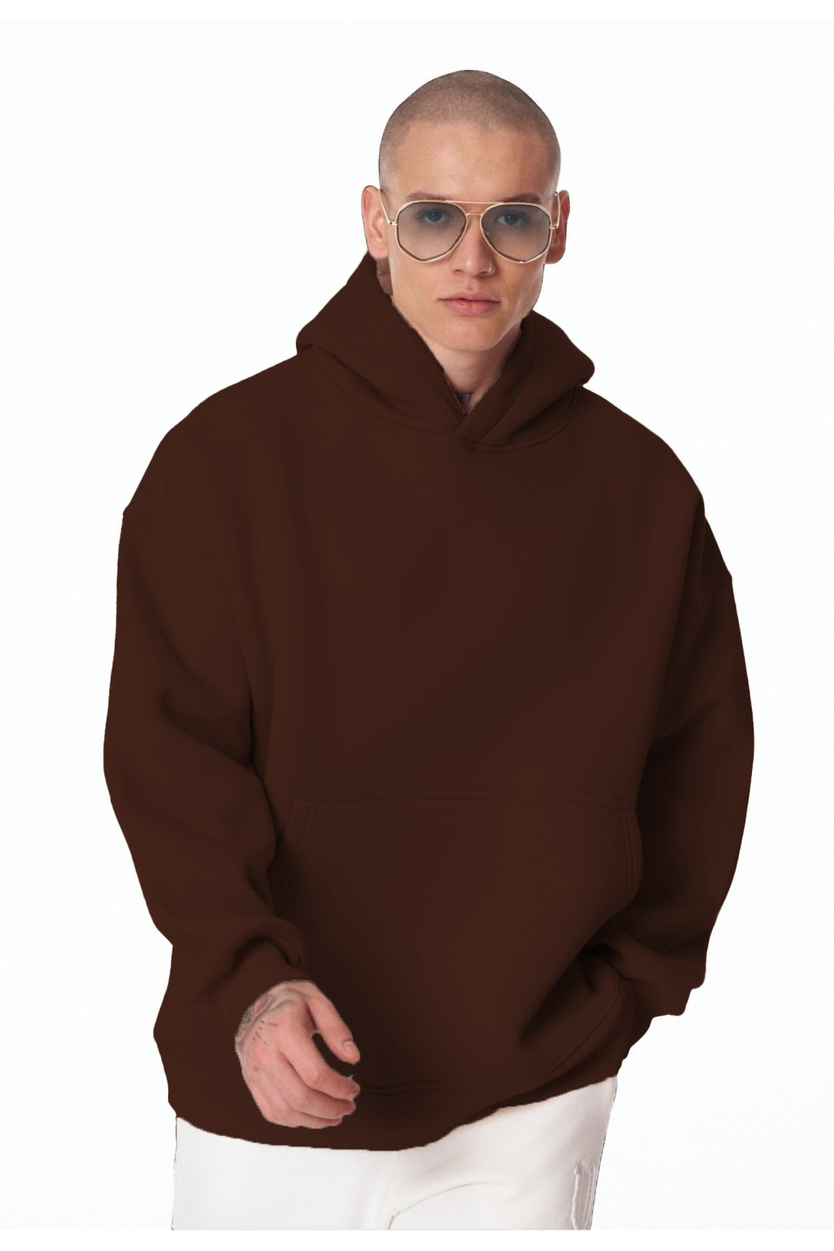 Kahverengi Unisex Bol Kalıp Hoodie