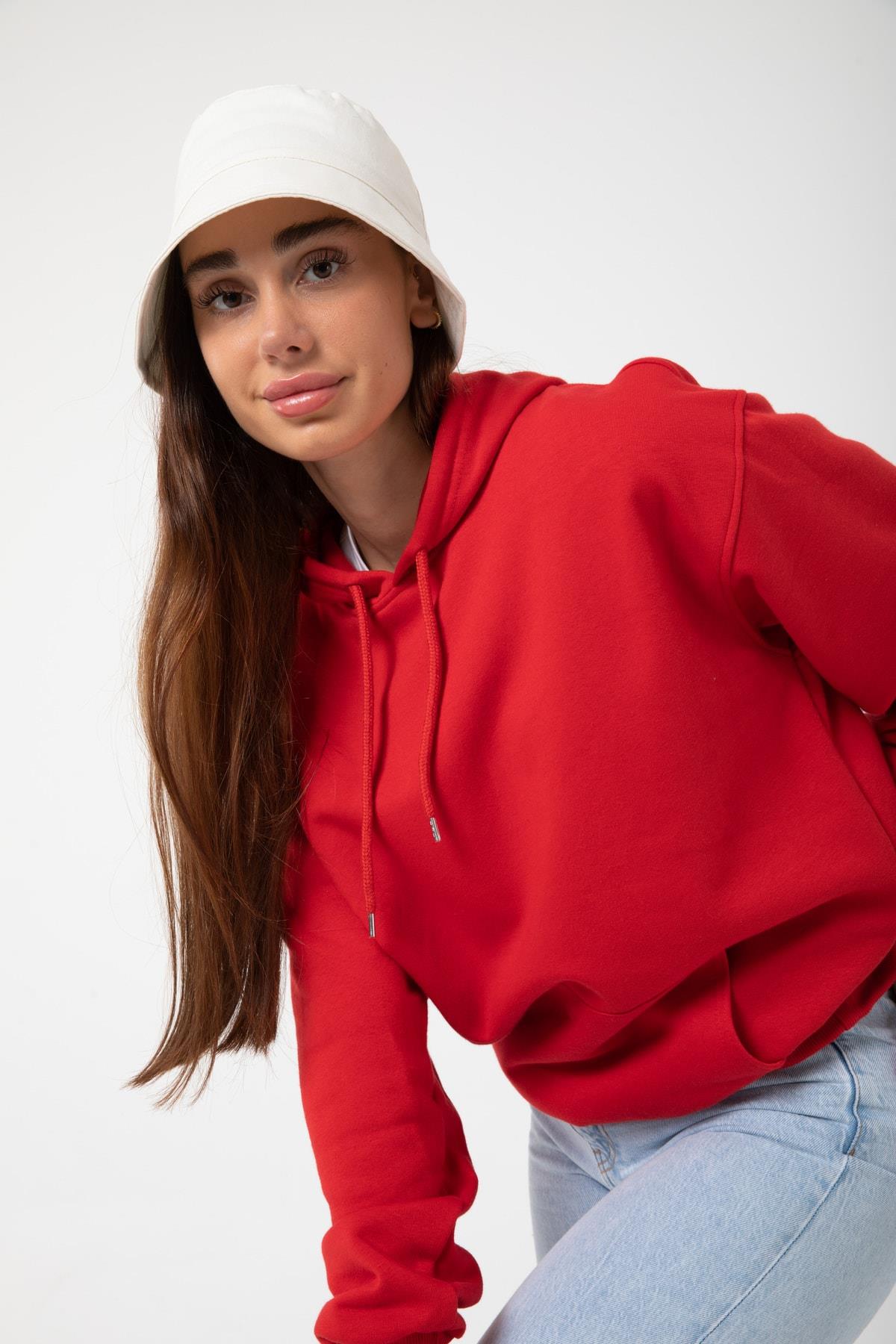 Kırmızı Unisex Rahat Kalıp Kapuşonlu Hoodie