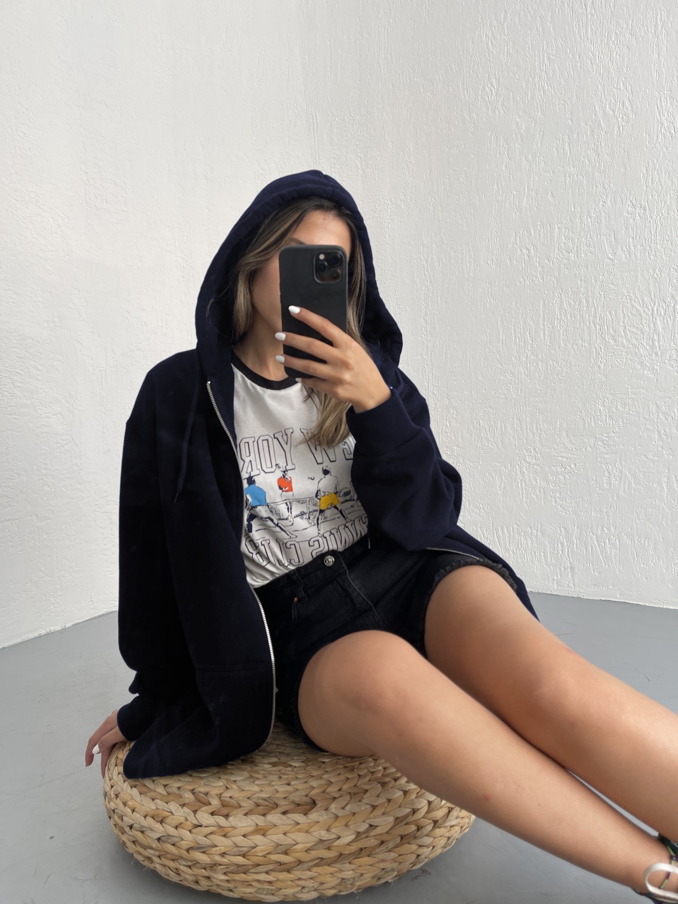 Lacivert 3 iplik Rahat Kalıp Kapuşonlu Sweatshirt