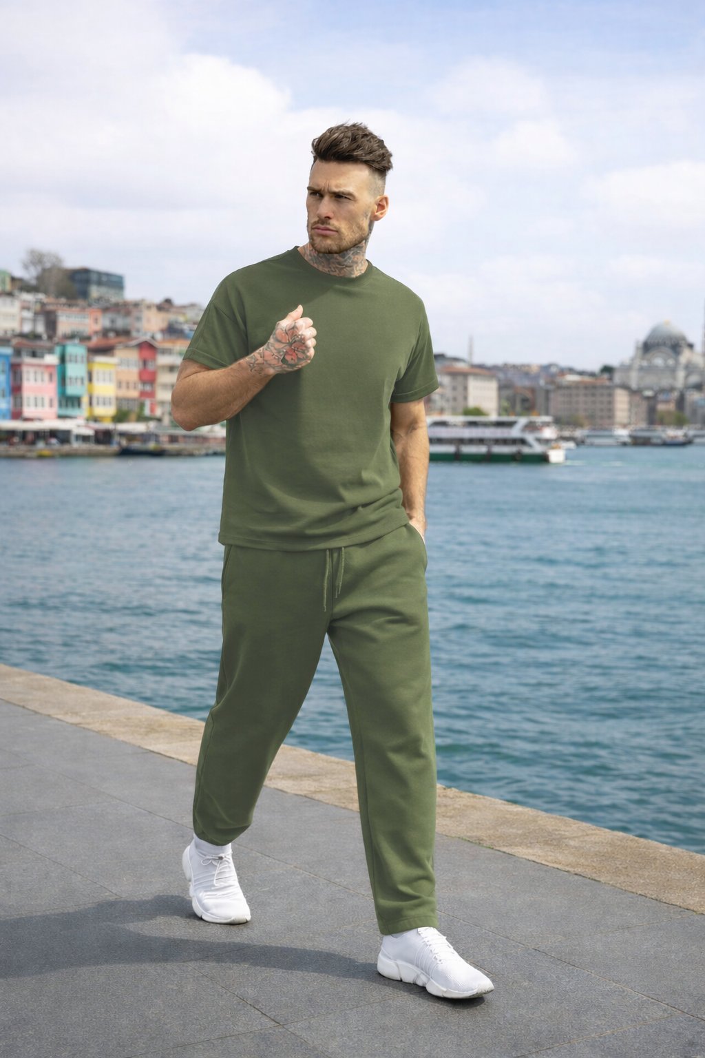Yeşil Erkek Bisiklet Yaka Günlük Beli İpli Esnek Eşofman Takımı