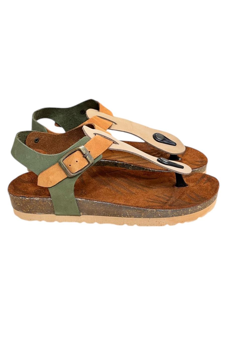 Bej Multi Hakiki Deri Parmak Arası Mantar Taban Tokalı Sandalet 