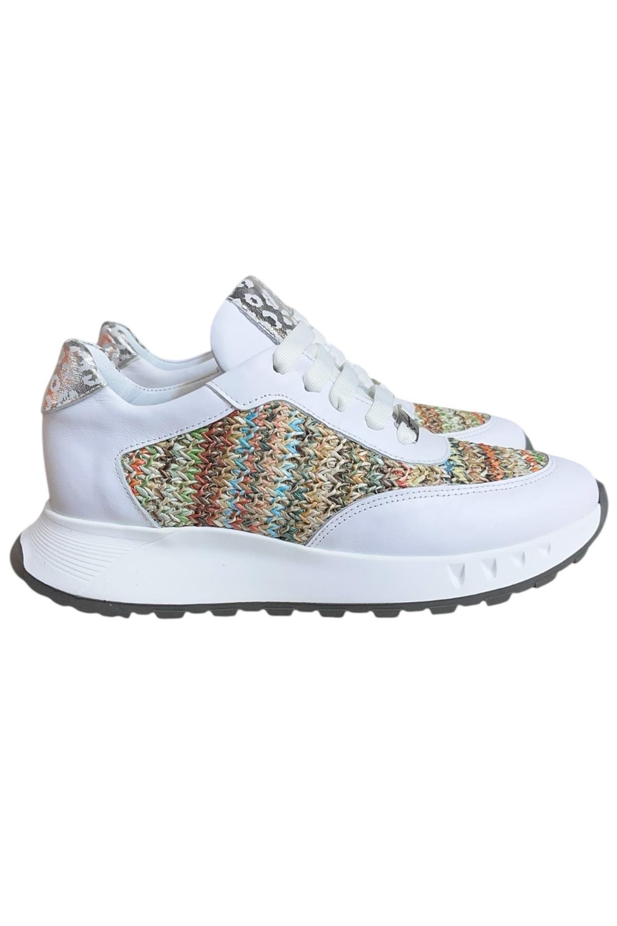 Beyaz Hakiki Deri  Hasır Desenli Comfort Taban Bağcıklı Sneaker