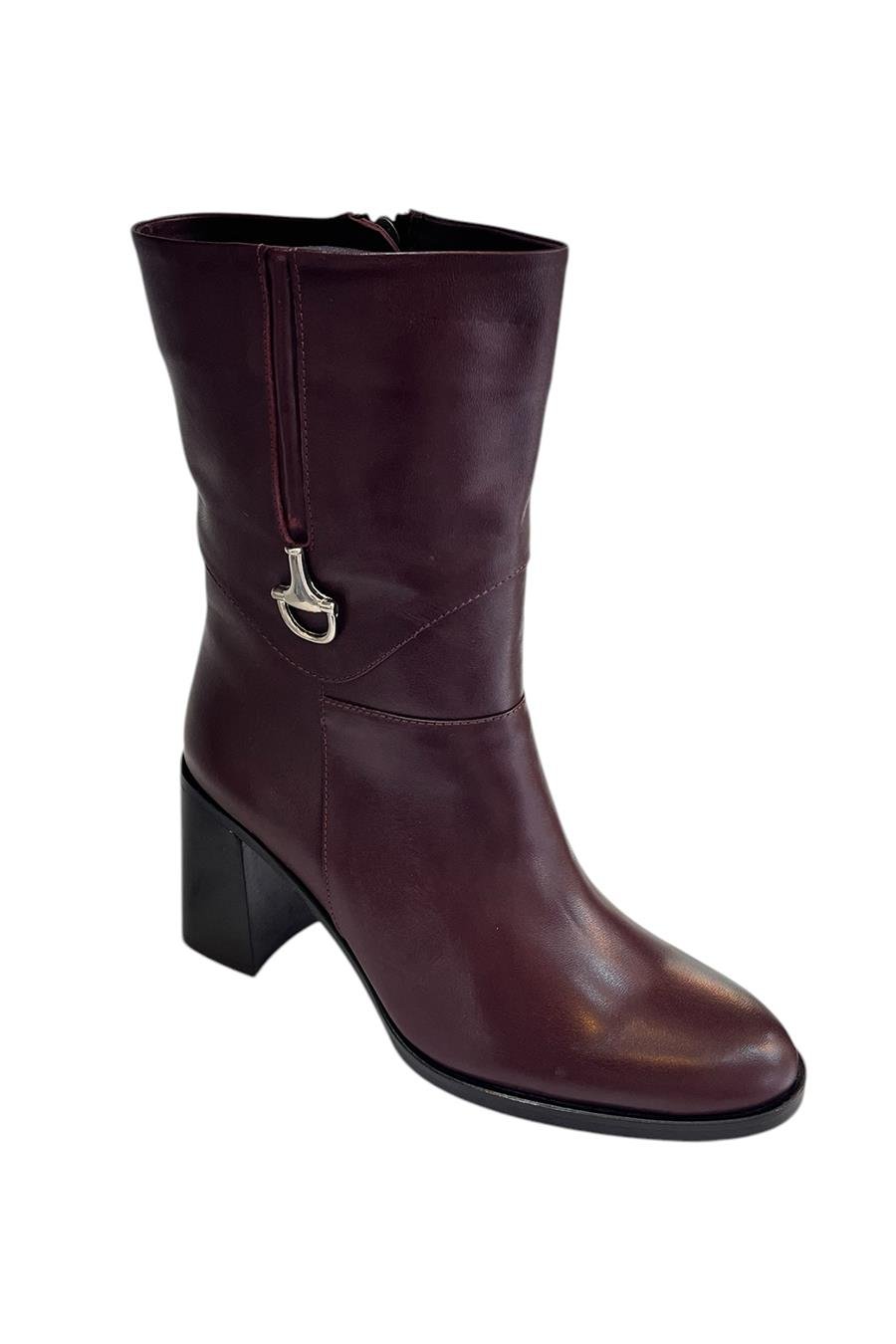 Bordo Hakiki  Deri İçi Sıcak Astarlı Topuklu Bot