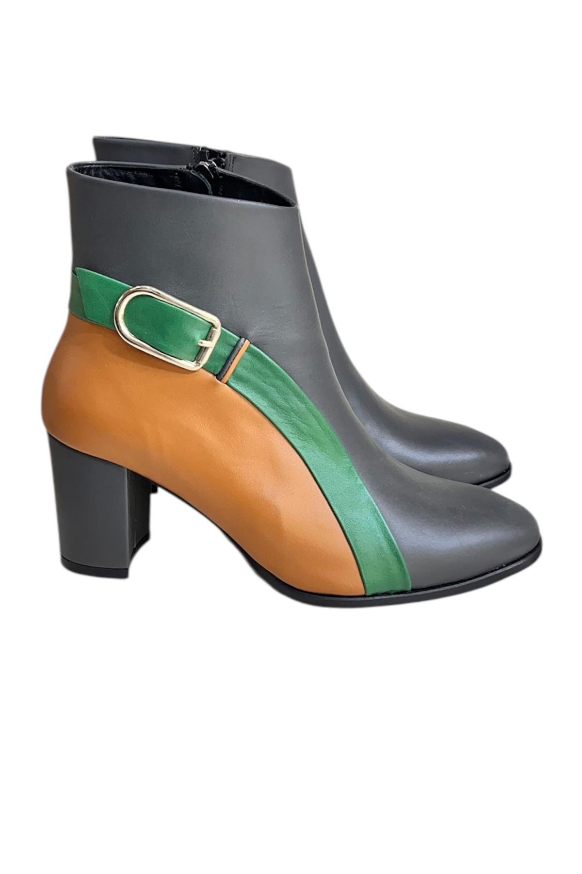 Gri Hakiki Deri Topuklu Bot Renk Geçişli