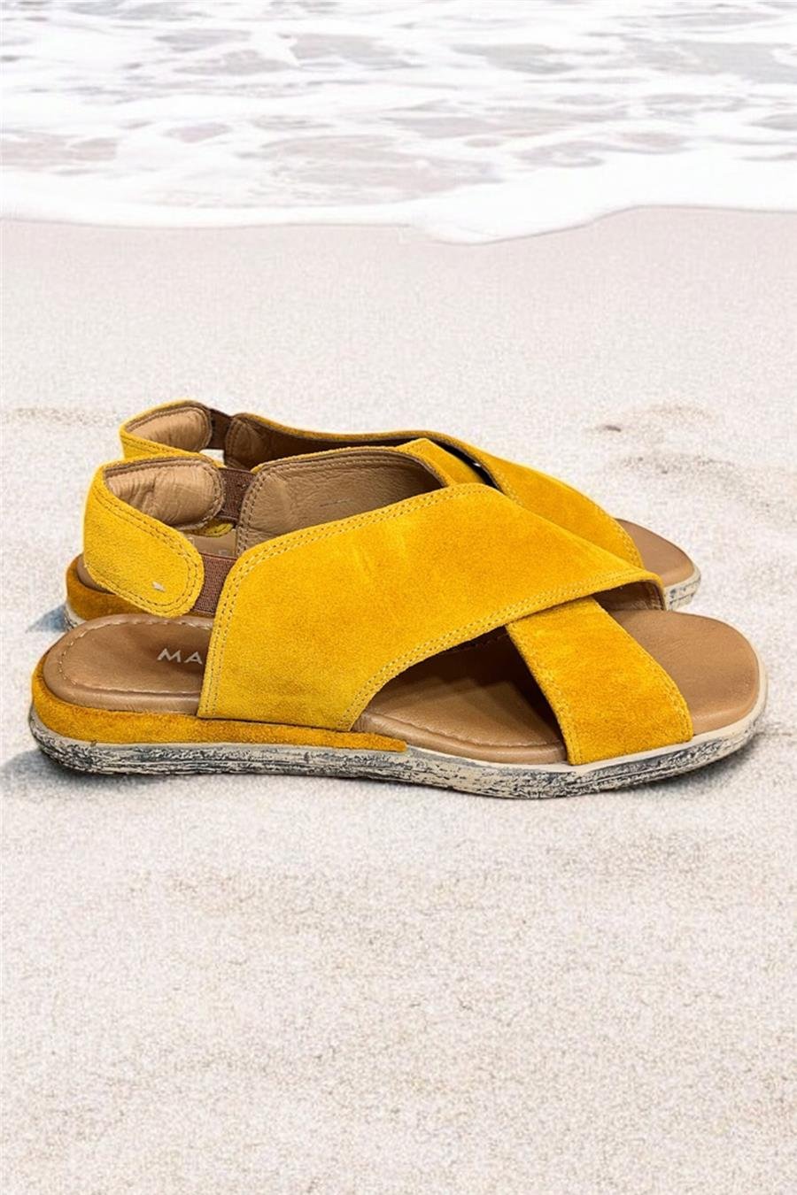 Hardal Hakiki Süet Deri Çapraz Bant Comfort Taban Sandalet