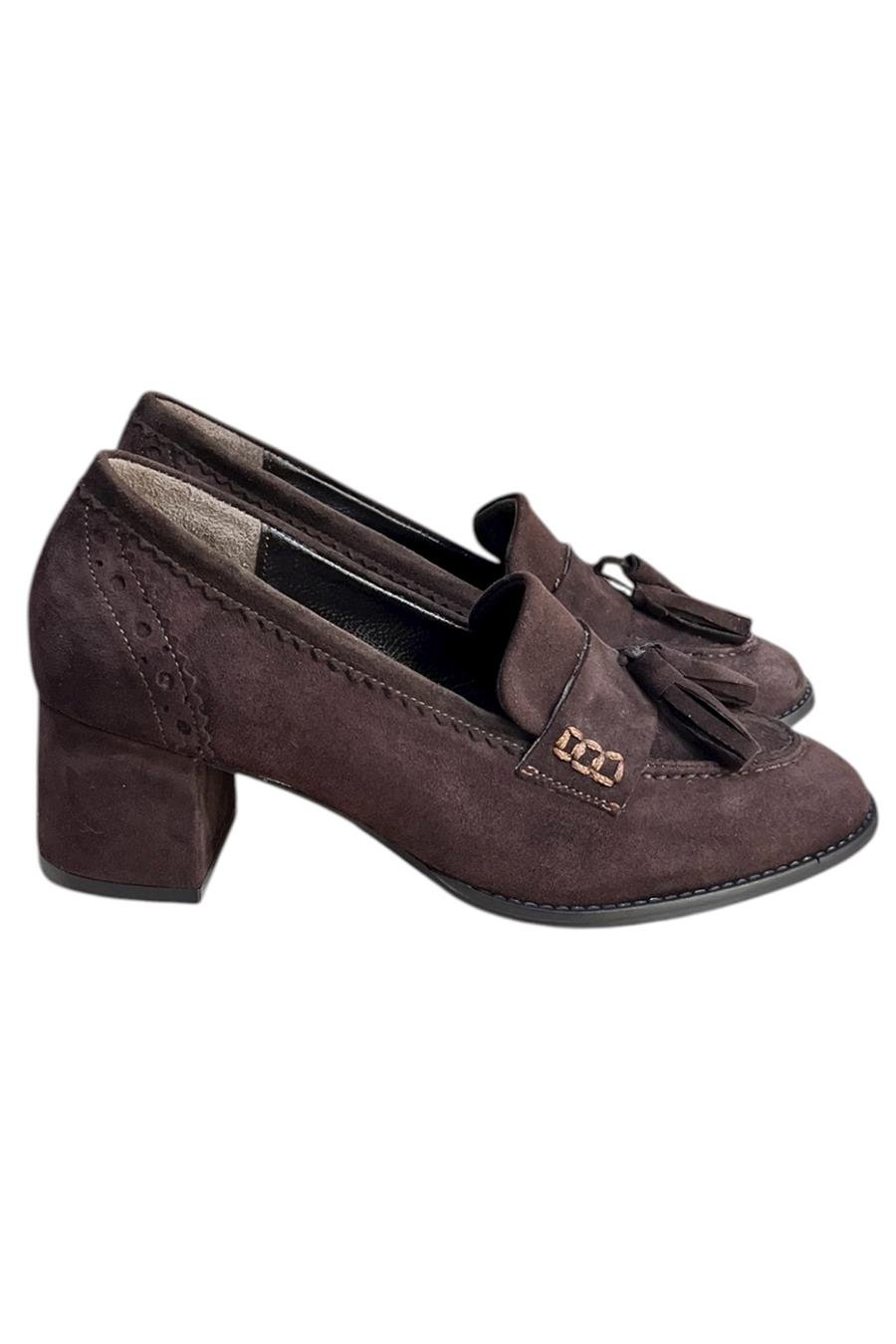 Kahve Hakiki Deri Süet Püskül Detay Topuklu Ayakkabı