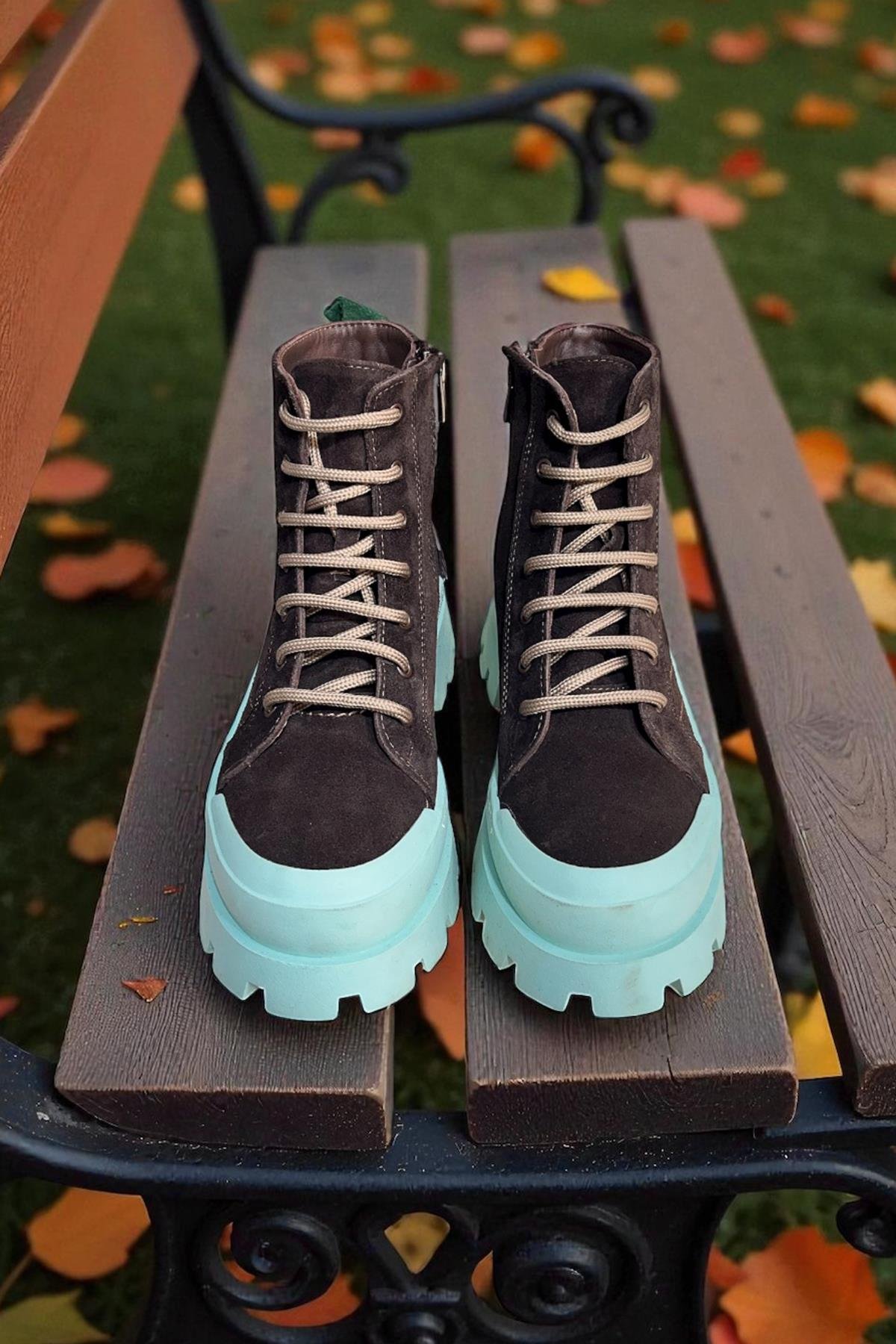 Kahve Hakiki Süet İçi Kürklü Mavi Taban Yandan Fermuarlı Bot