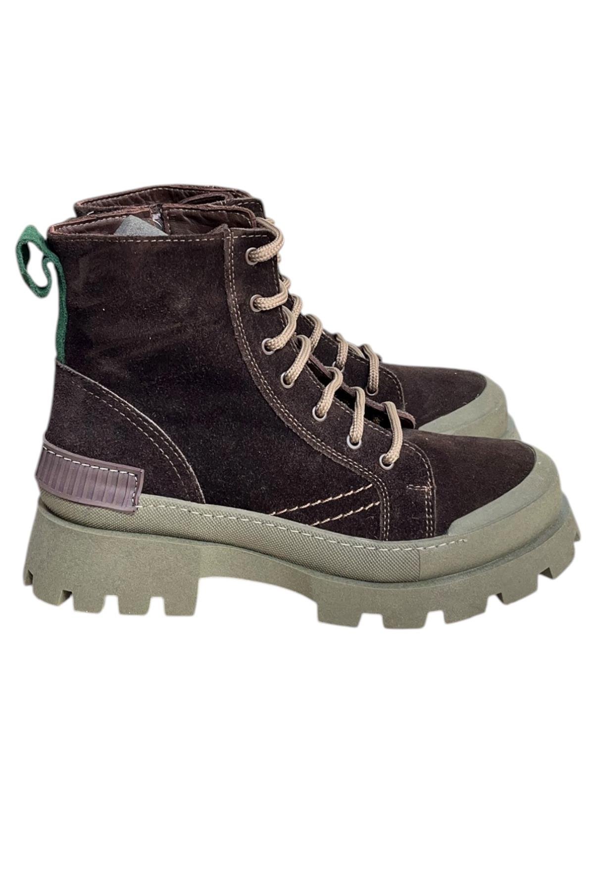 Kahve Hakiki Süet İçi Kürklü Yeşil Taban Yandan Fermuarlı Bot