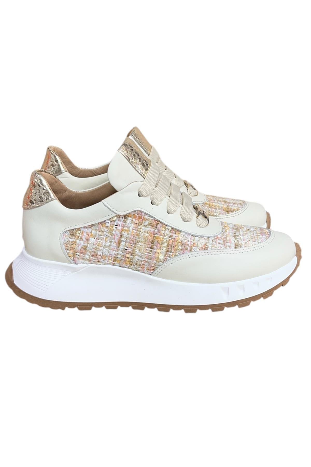 Krem Hakiki Deri  Hasır Desenli Comfort Taban Bağcıklı Sneaker