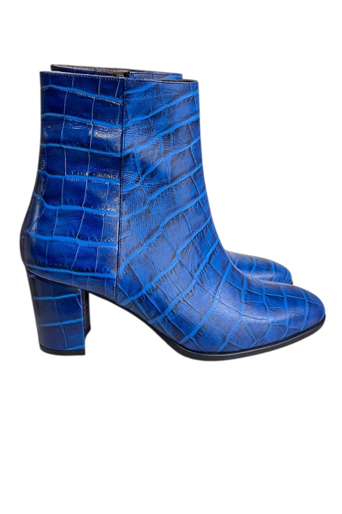 Lacivert Hakiki Deri Krokodil Topuklu Bot 
