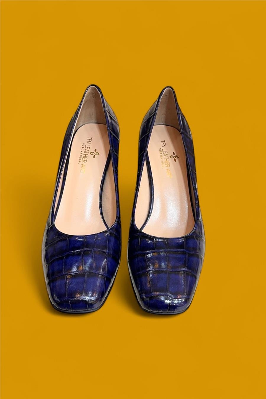 Lacivert  Krokodil Hakiki Deri Topuklu Ayakkabı