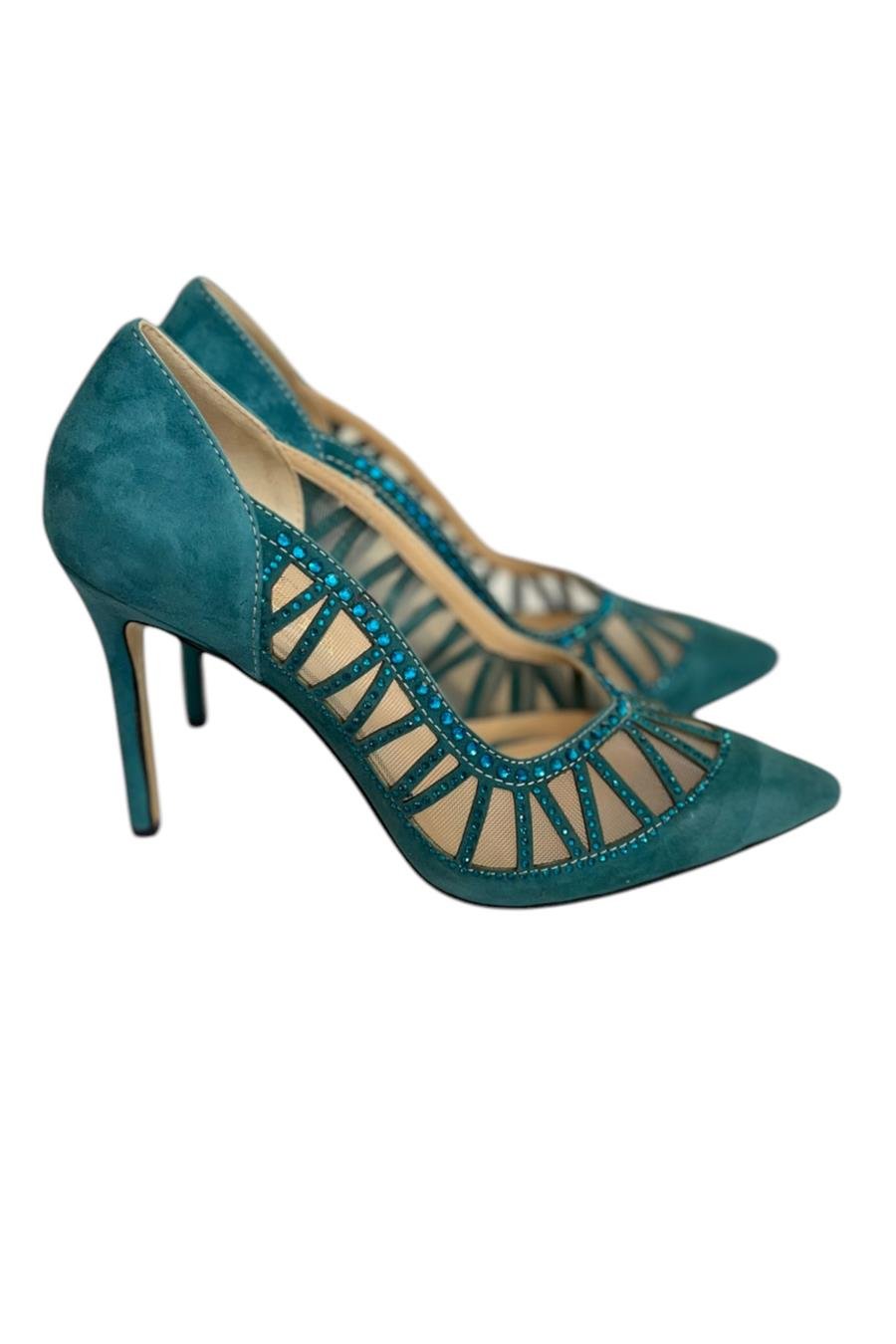 Mavi Hakiki Süet Deri Taş Detaylı Topuklu Ayakkabı