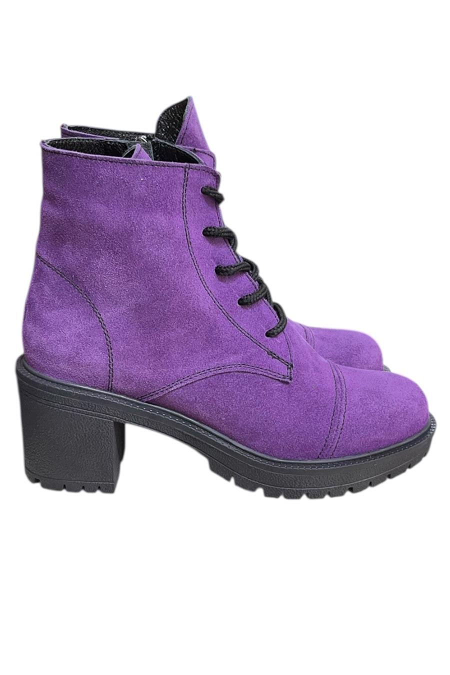 Mor Hakiki Süet  Bağcık Detay  Yandan Fermuarlı Kalın Topuk Bot