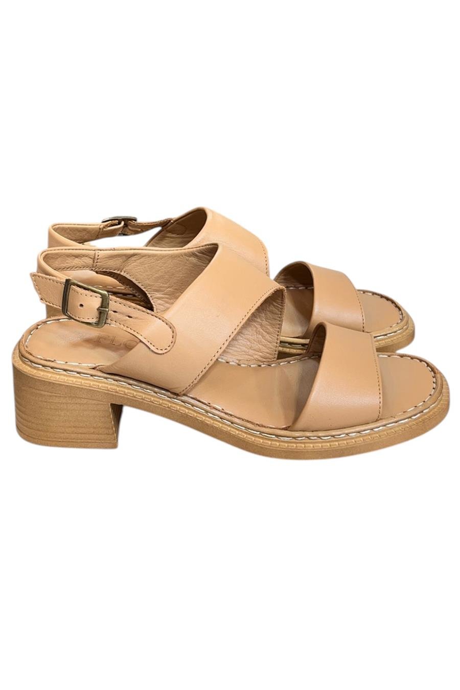 Nude Hakiki Deri Kalın Bant Yumuşak Taban Topuklu Sandalet