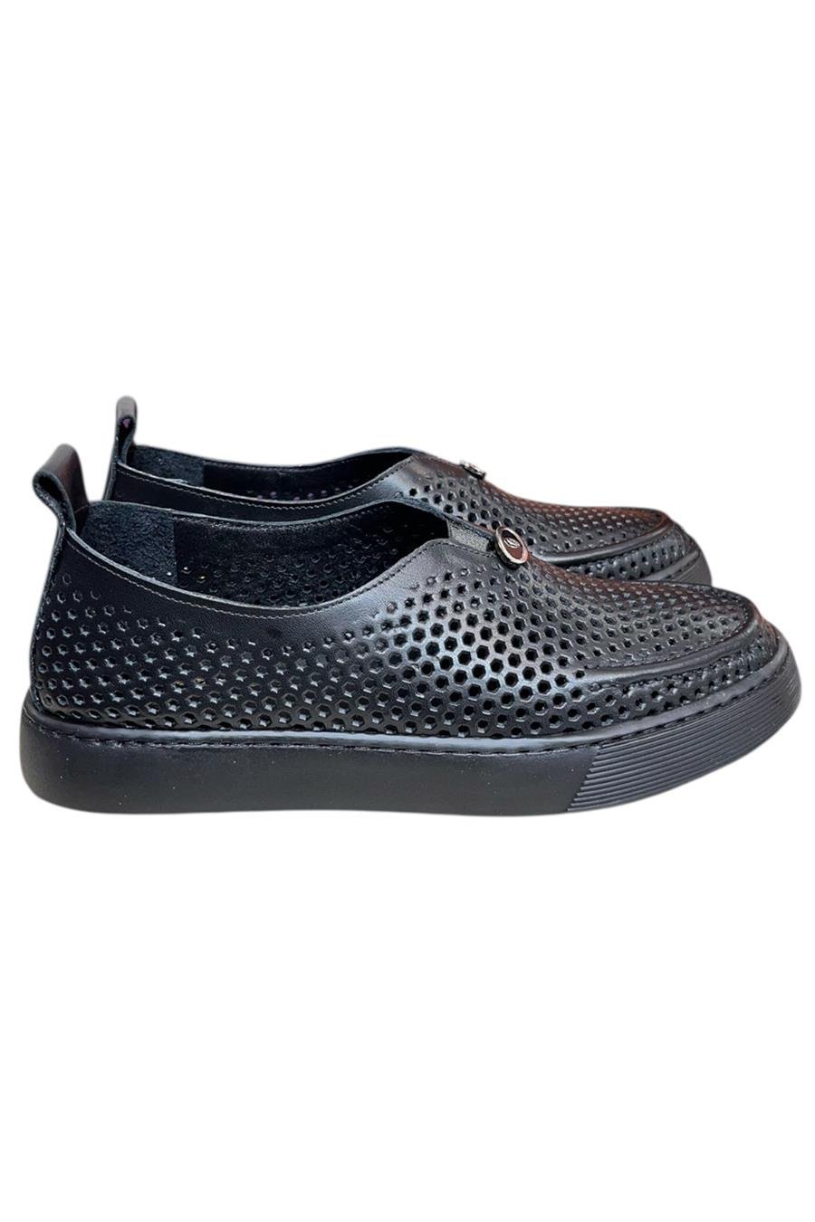Siyah Hakiki Deri Delikli Hafif Comfort Taban Sneaker