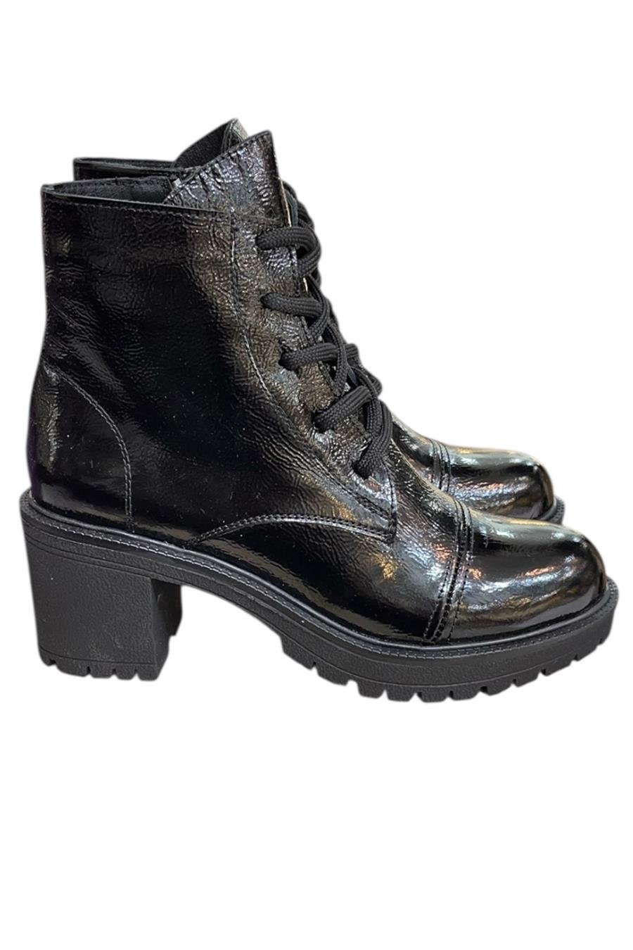 Siyah Hakiki Deri Rugan  Bağcık Detay  Yandan Fermuarlı Kalın Topuk Bot