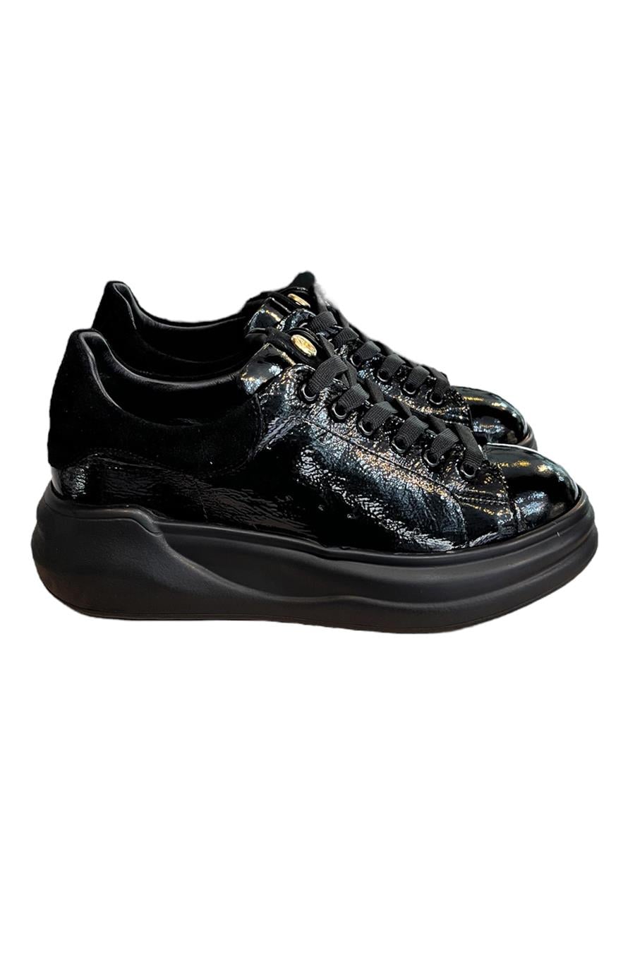 Siyah Hakiki Rugan Deri Kalın Taban Bağcıklı Sneaker