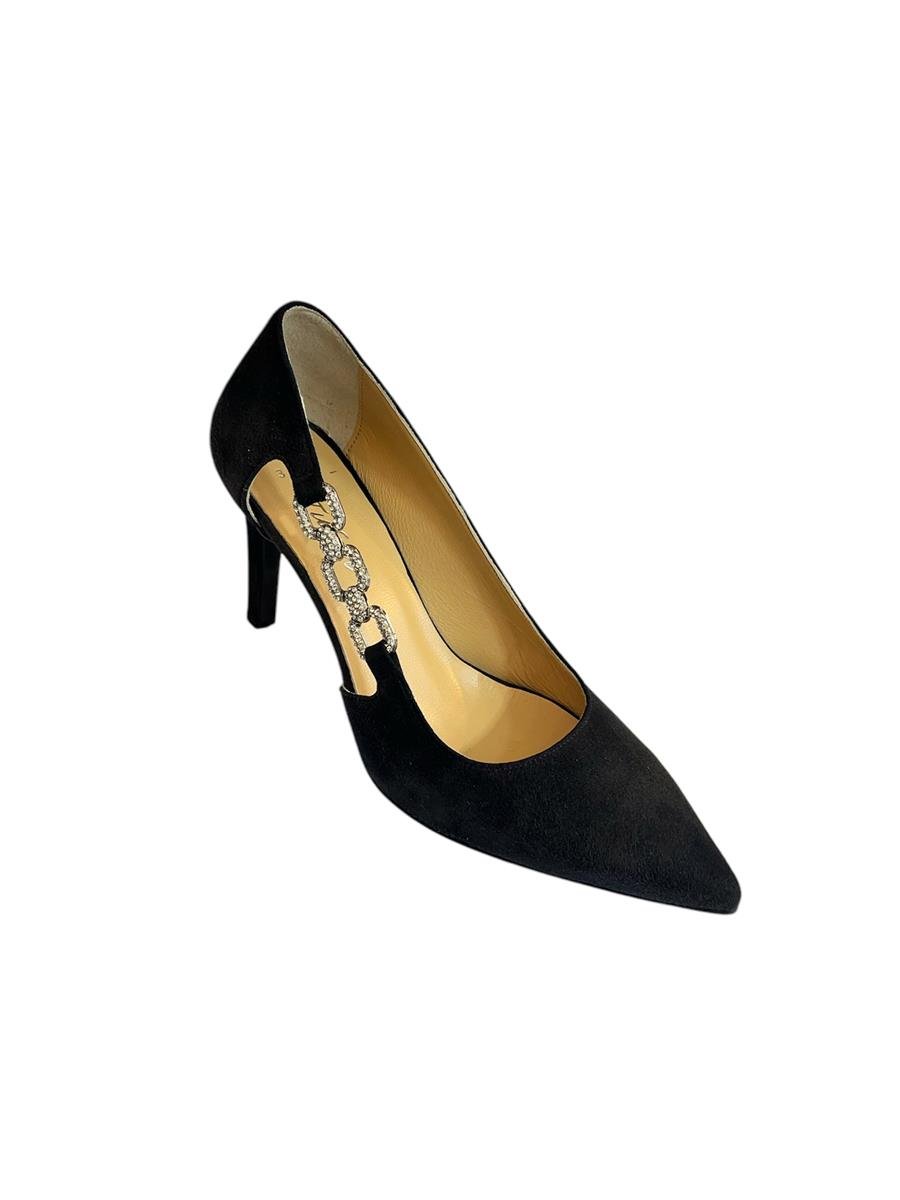 Siyah Hakiki Süet Deri Taşlı Zincir Detay Topuklu Ayakkabı