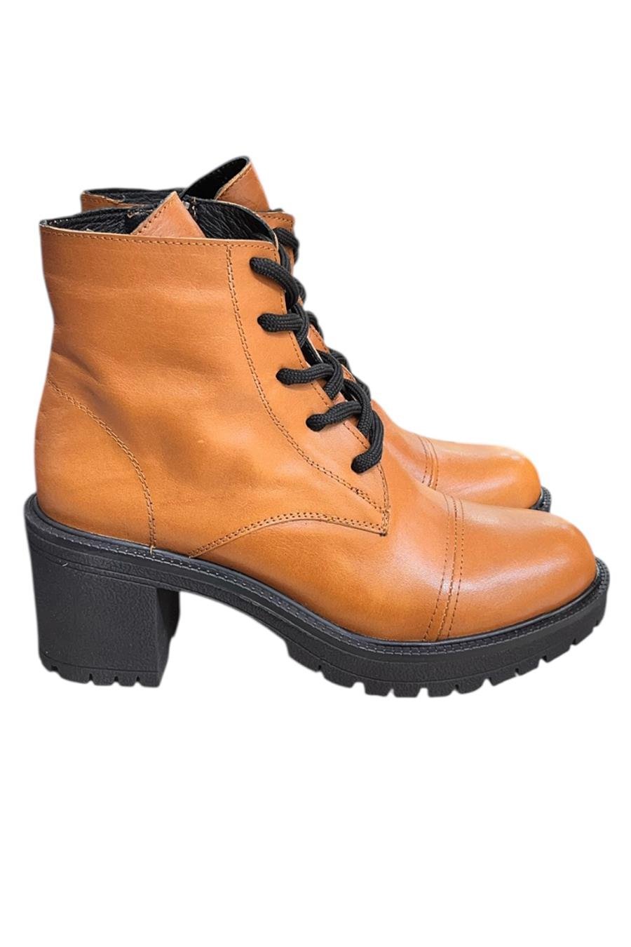 Taba Hakiki Deri  Bağcık Detay  Yandan Fermuarlı Kalın Topuk Bot