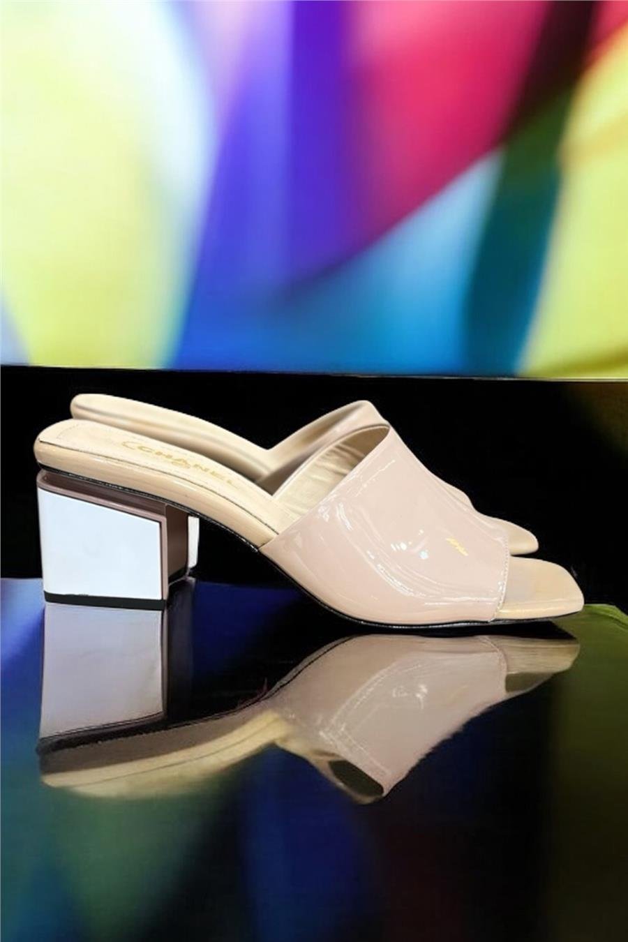 Ten Hakiki Deri Rugan Topuklu Terlik