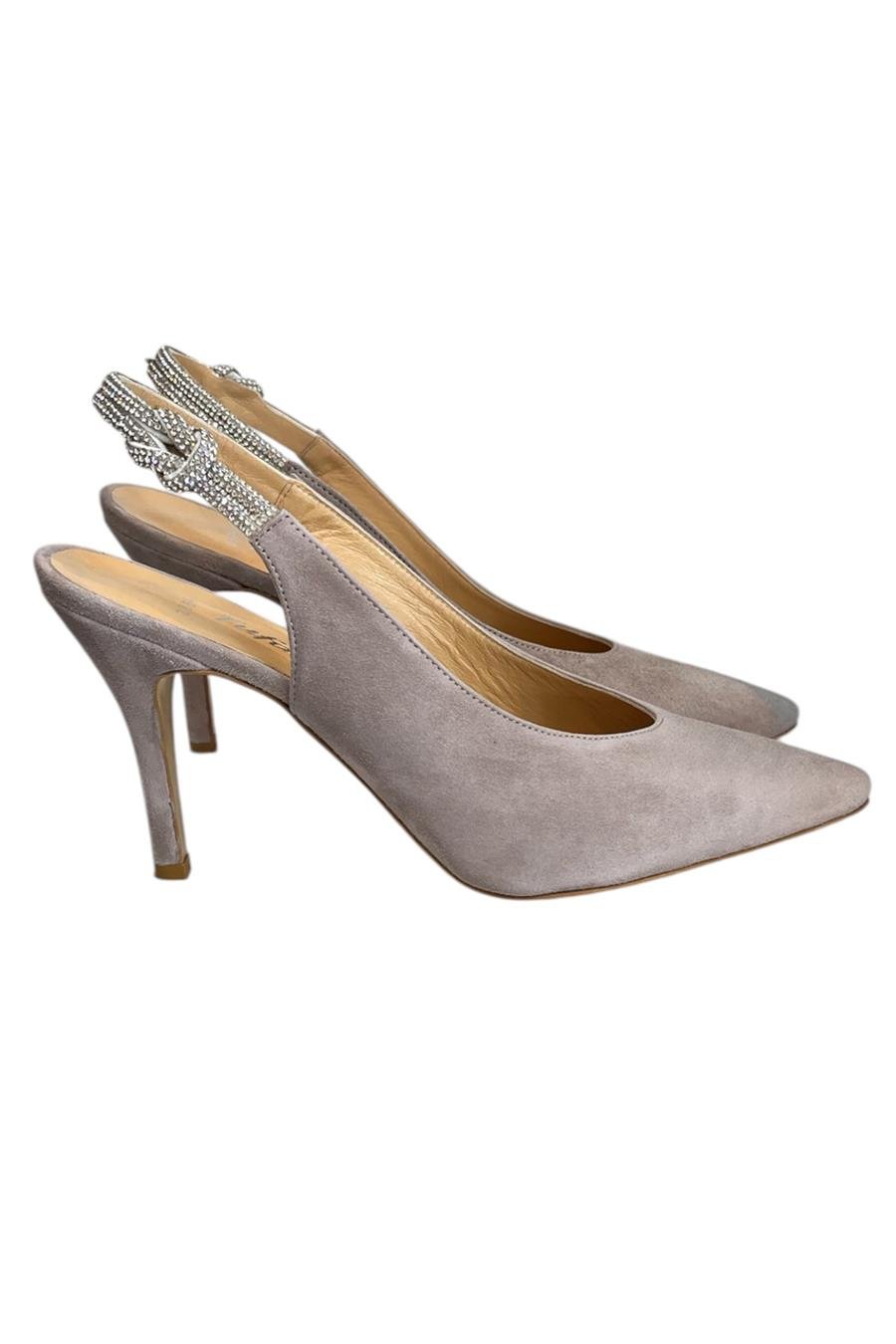 Ten Hakiki Deri Süet Kristal Taş Bantlı Arkası Açık Topuklu Ayakkabı