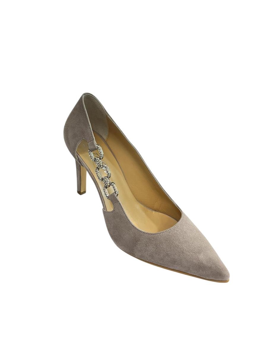 Ten Hakiki Süet Deri Taşlı Zincir Detay Topuklu Ayakkabı