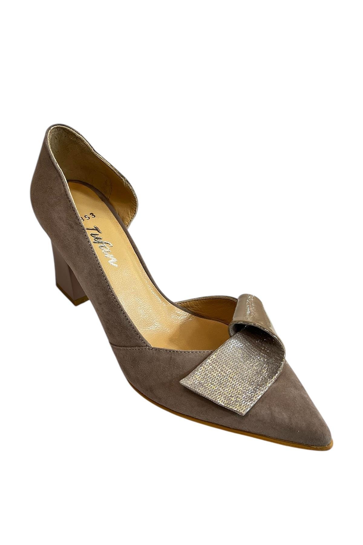 Vizon Hakiki Süet Deri Topuklu Ayakkabı