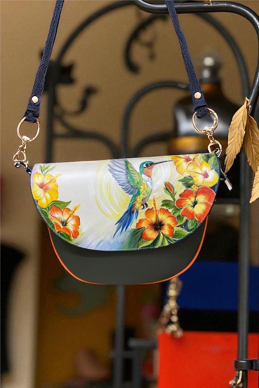 Yağ Yeşili  Hakiki Deri Kuş Desenli Deri Elde Boyama Çapraz Çanta