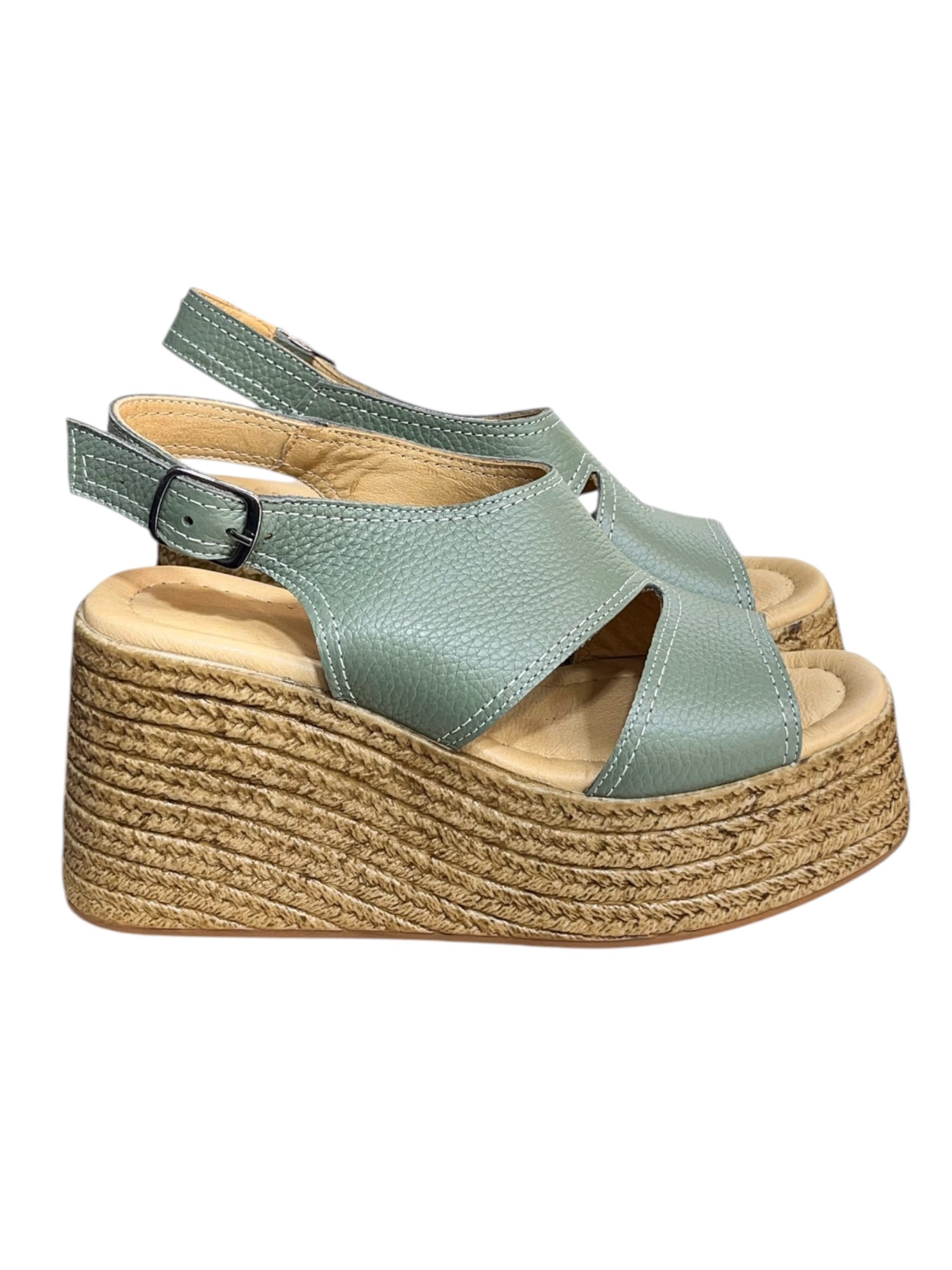 YeşilHakiki Deri  Dolgu  Topuk  Comfort Taban  Sandalet