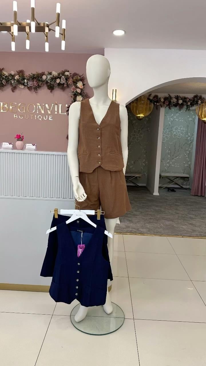 Yelekli Şortlu Keten Takım