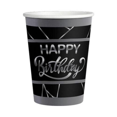 KARTON BARDAK HAPPY BIRTHDAY SİYAH GÜMÜŞ YALDIZLI 8 Lİ