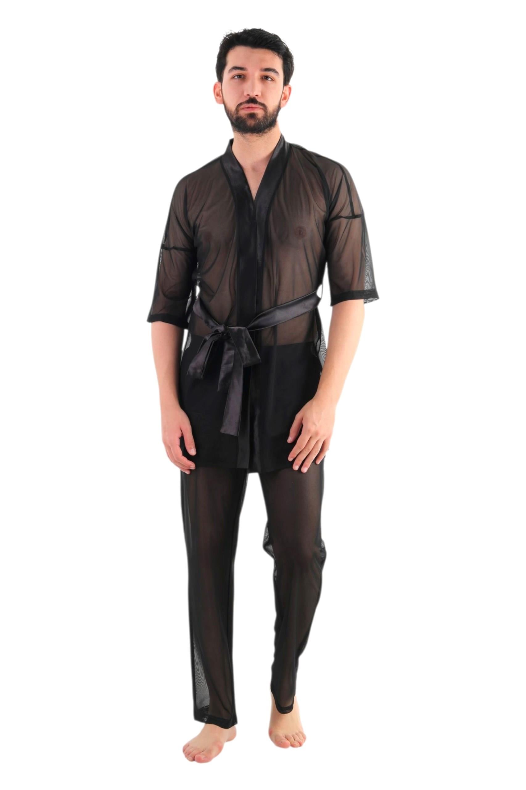 JEU JEU BLINK Siyah Tül  Saten Detaylı Transparan Fantezi Erkek Kimono Takımı