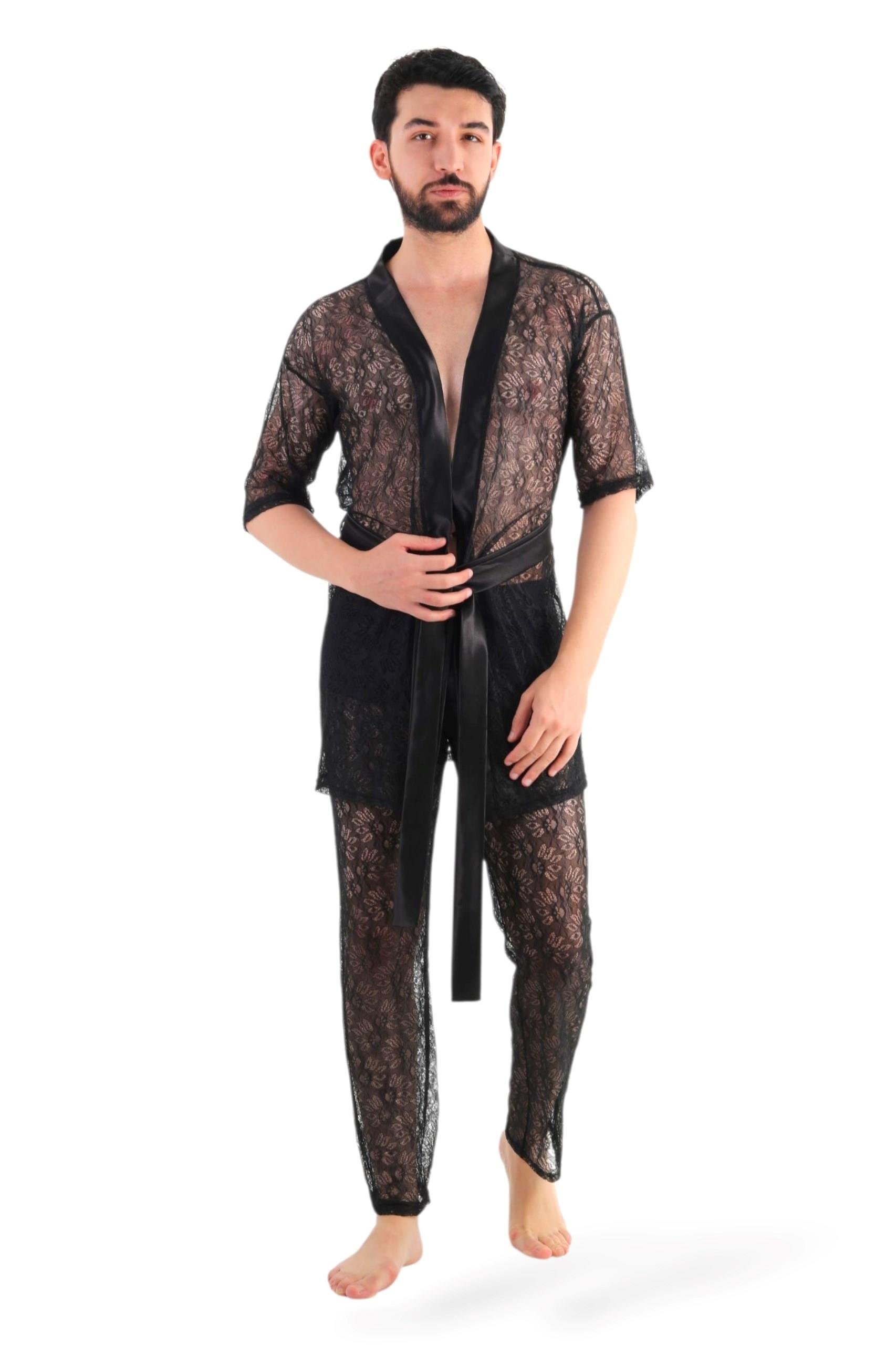 JEU JEU LOOM – Siyah Dantel Fantezi Kimono ve Pantolon Erkek Takımı