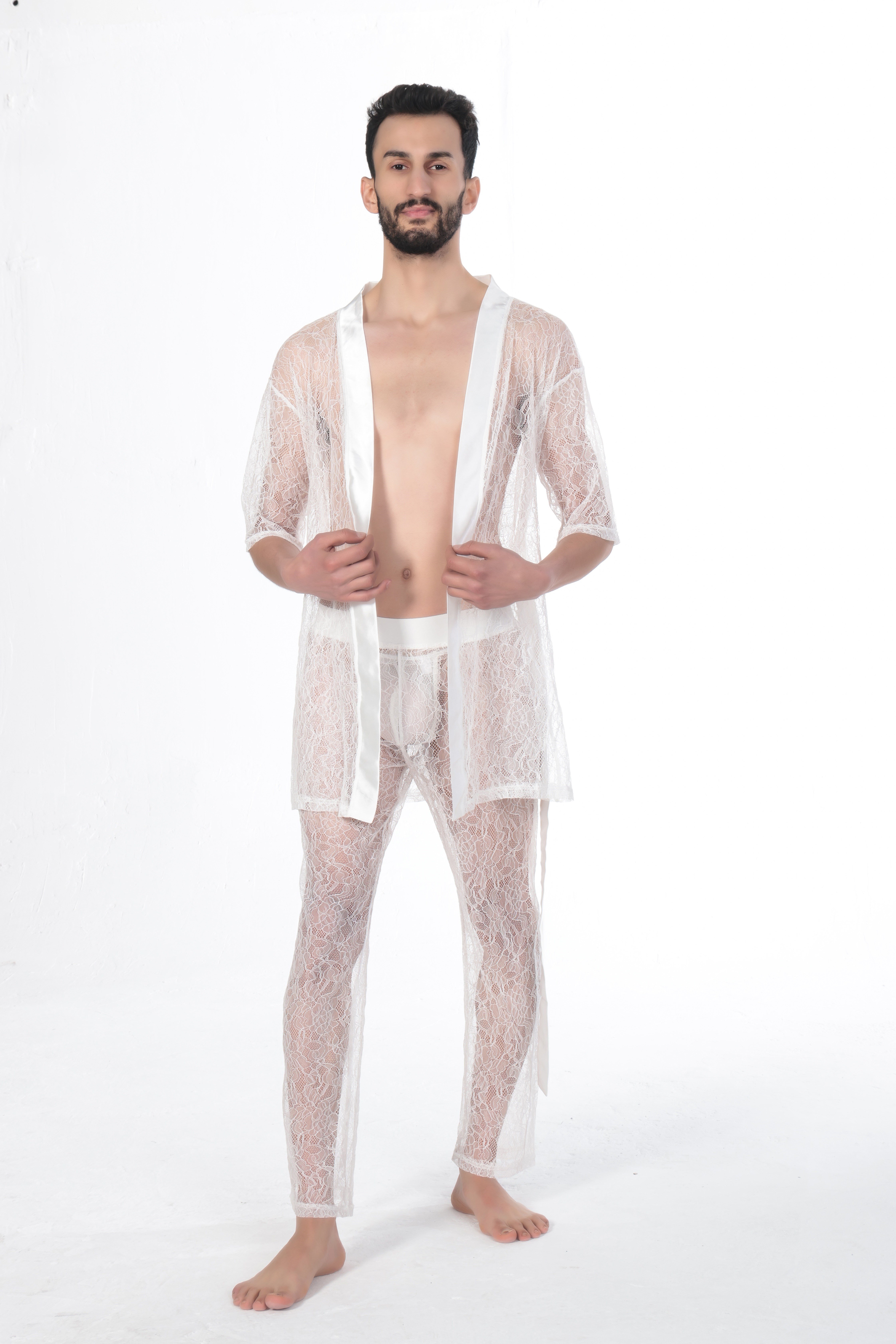 JEU JEU NEST –Ekru Dantel Fantezi Kimono ve Pantolon Erkek Takımı
